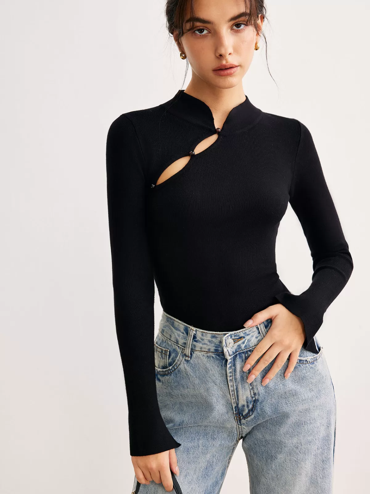 COMMENSE Plain Cutout Skinny Sweater Black Hot