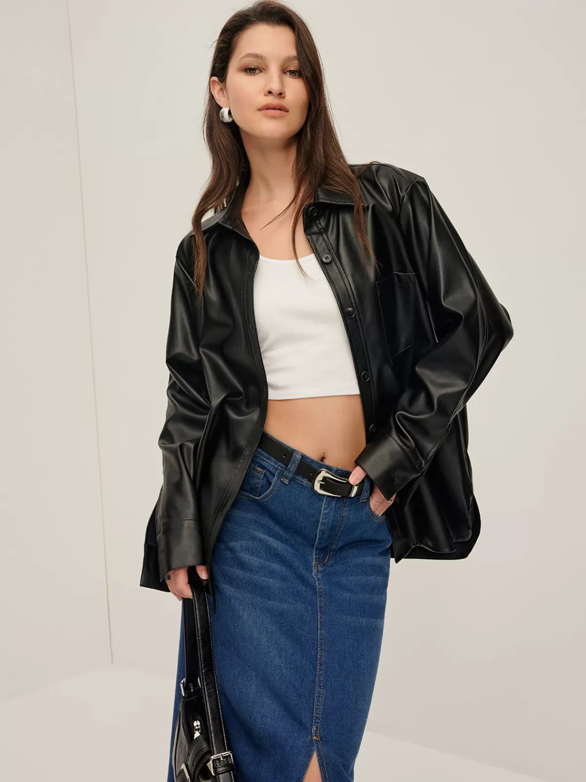 COMMENSE Plain Faux Leather Lapel Shirt Black Hot