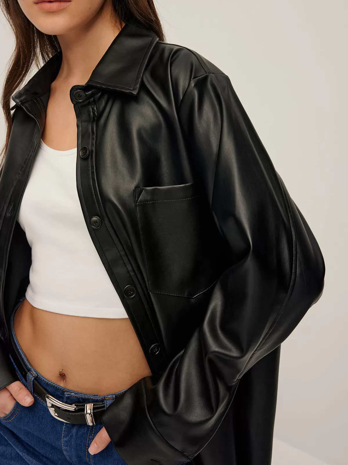 COMMENSE Plain Faux Leather Lapel Shirt Black Hot