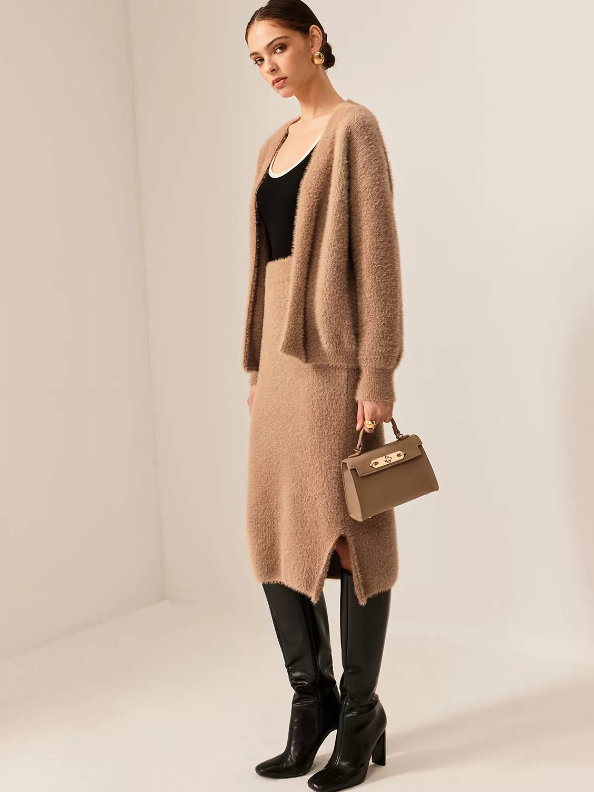 COMMENSE Plain Fuzzy Cozy Sweater Co-ords Camel New