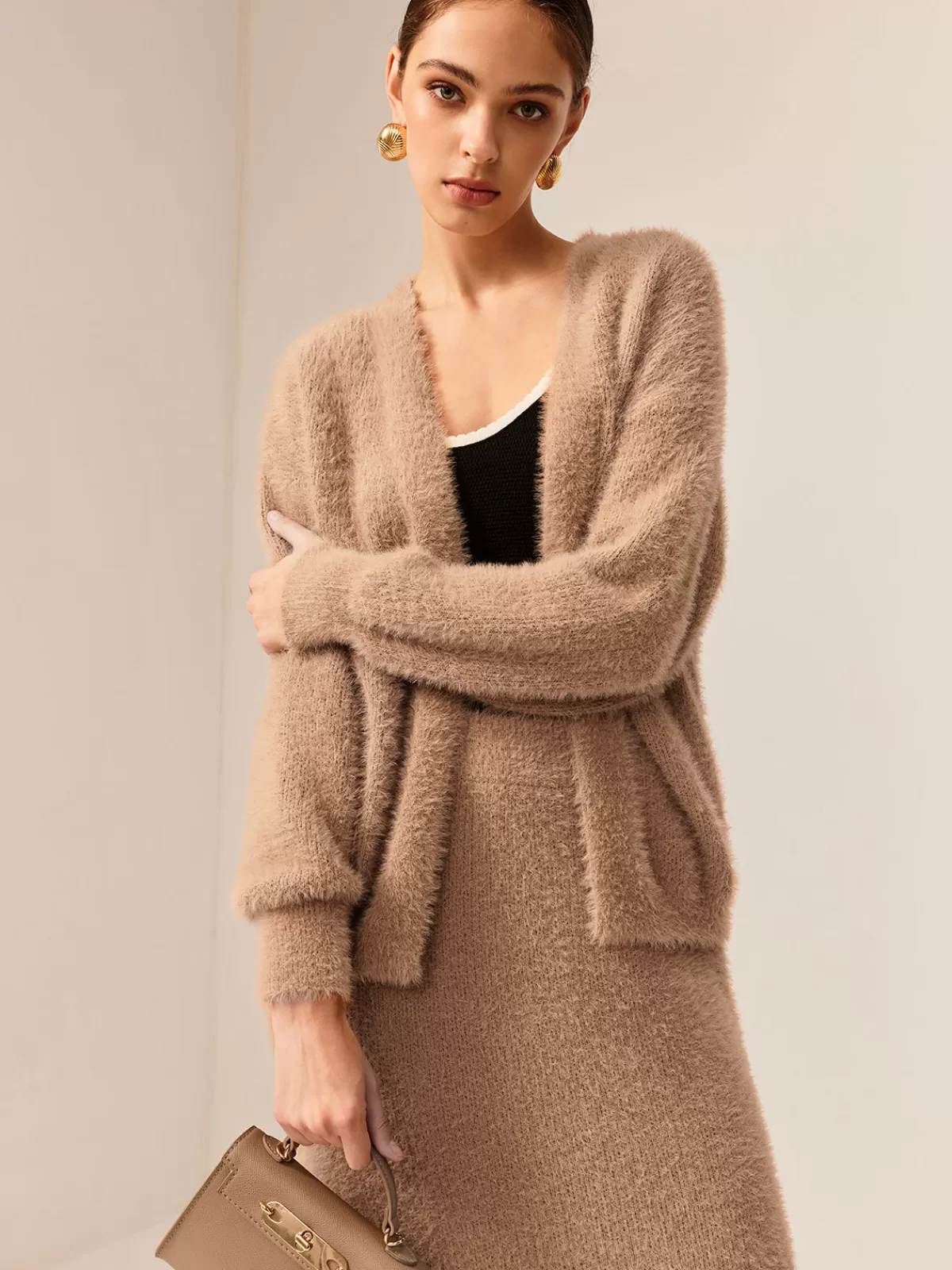 COMMENSE Plain Fuzzy Cozy Sweater Co-ords Camel New