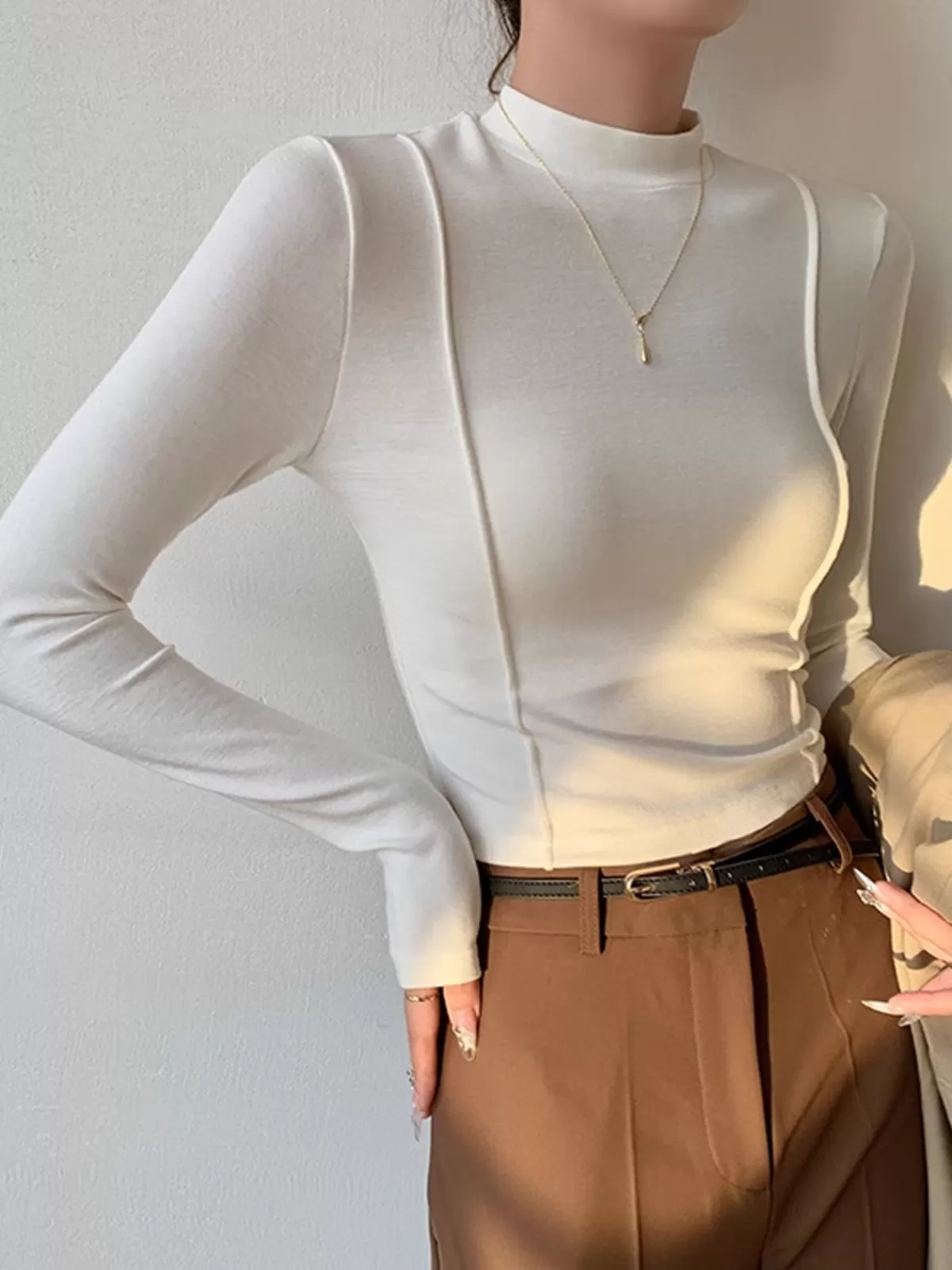 COMMENSE Plain Jersey Piping Blouse White New