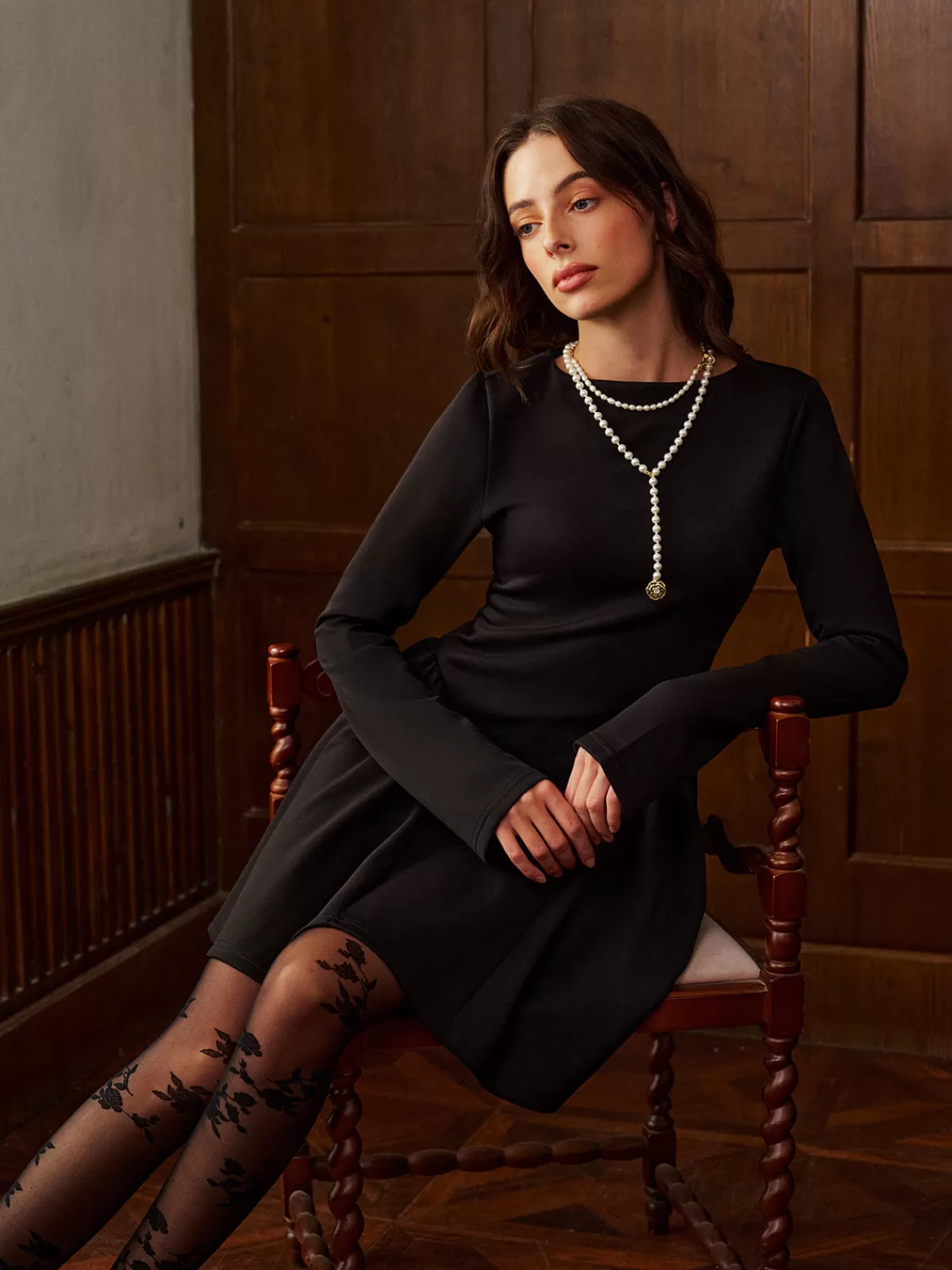 COMMENSE Plain Long Sleeve Pleated Short Dress Black Clearance