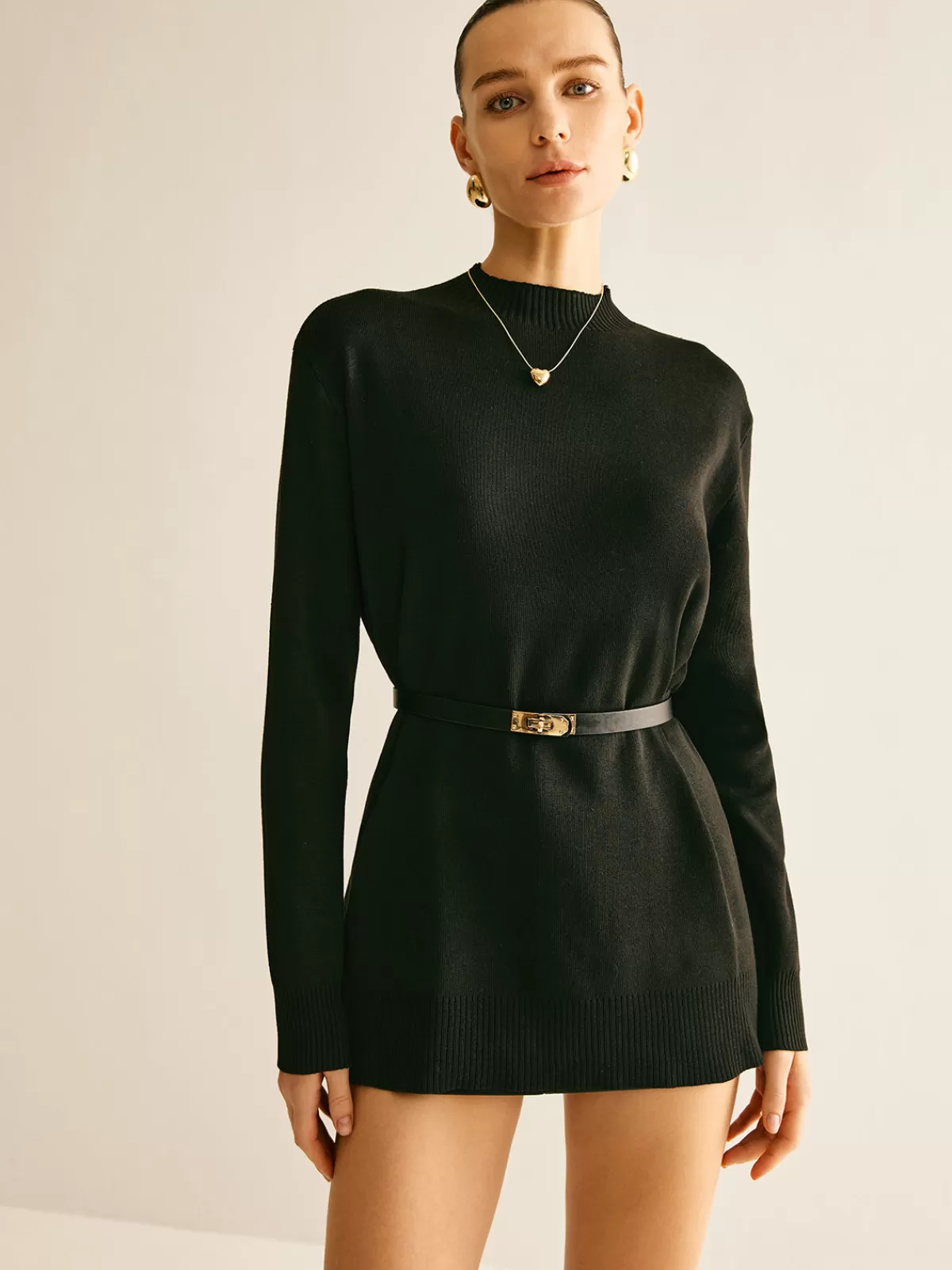 COMMENSE Plain Mock Neck Versatile Belted Sweater Black Cheap