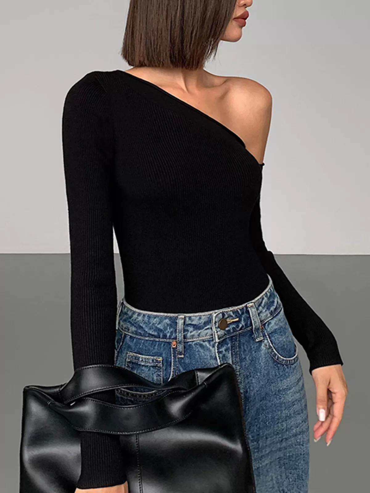COMMENSE Plain One-Shoulder Knit Top Black Fashion