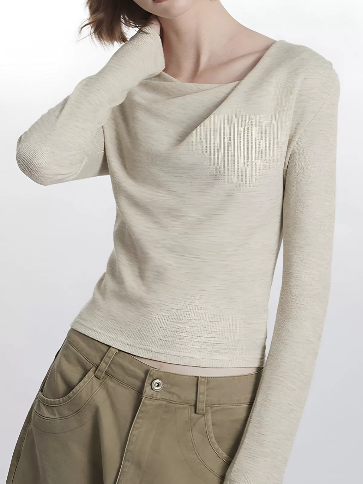 COMMENSE Plain Pleated Draped Knit Top Apricot Store