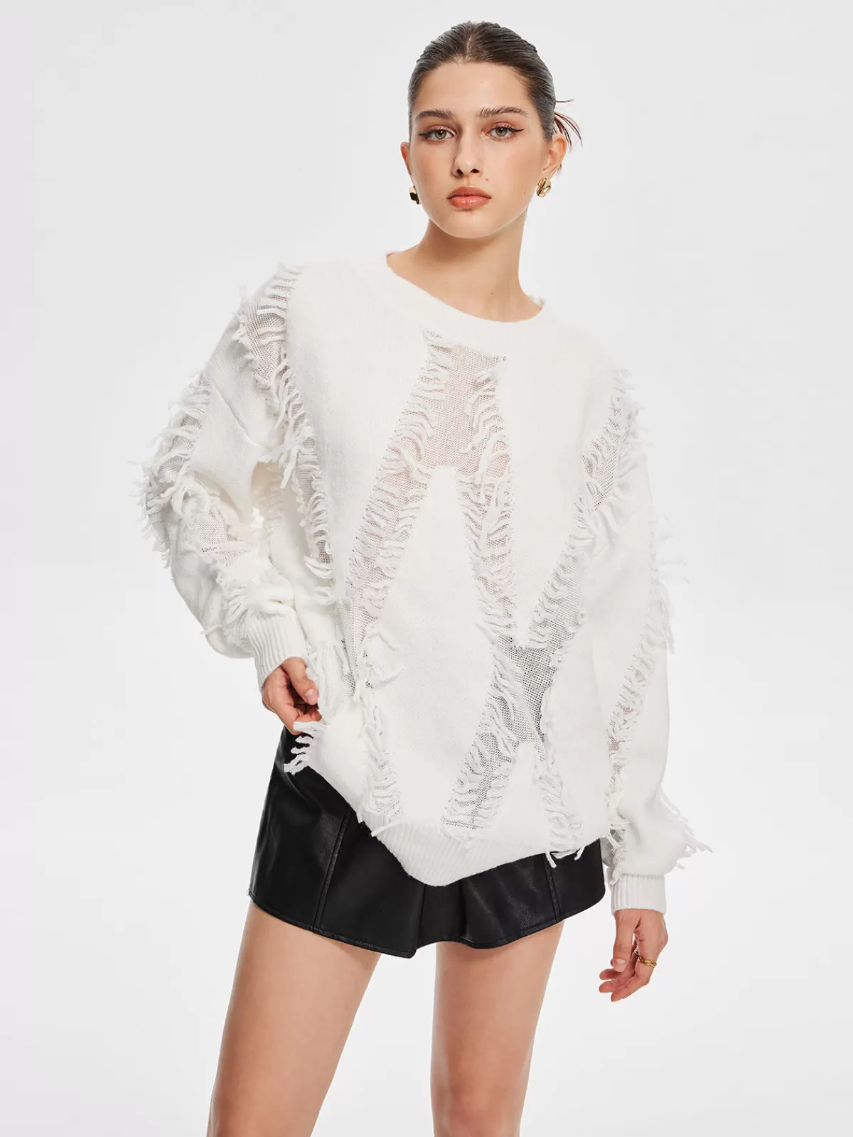 COMMENSE Plain Ripped Tassel Sweater White Cheap