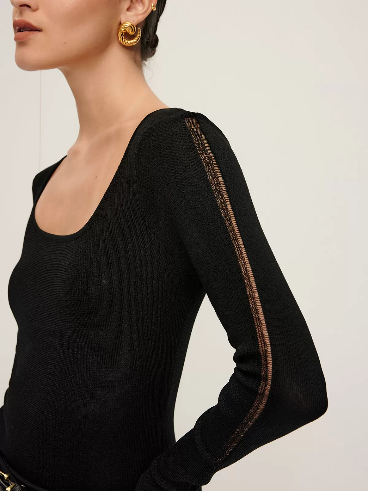 COMMENSE Plain Sheer Piping Knit Top Black Cheap