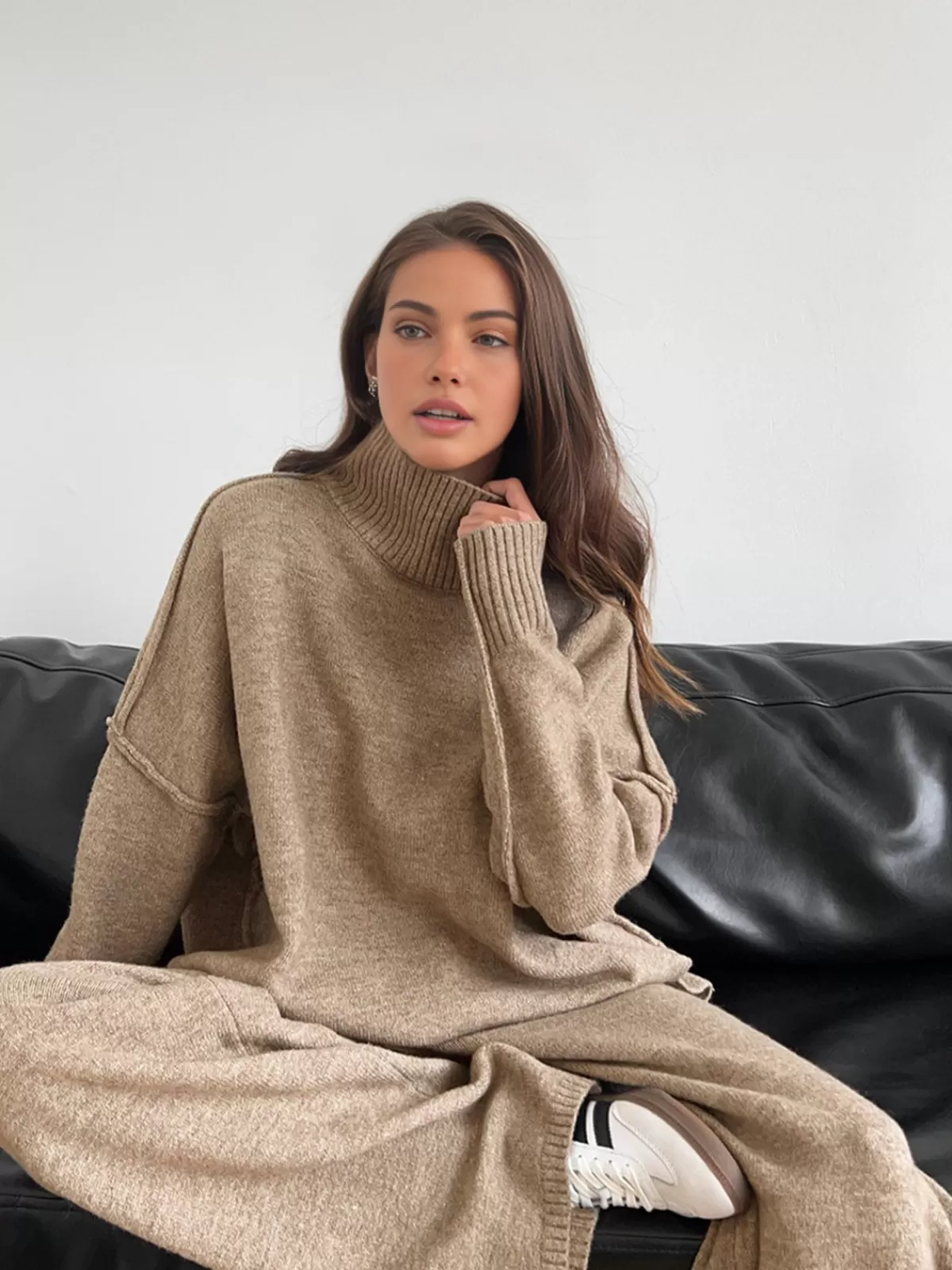 COMMENSE Plain Turtleneck Knit Pants Set Camel Best