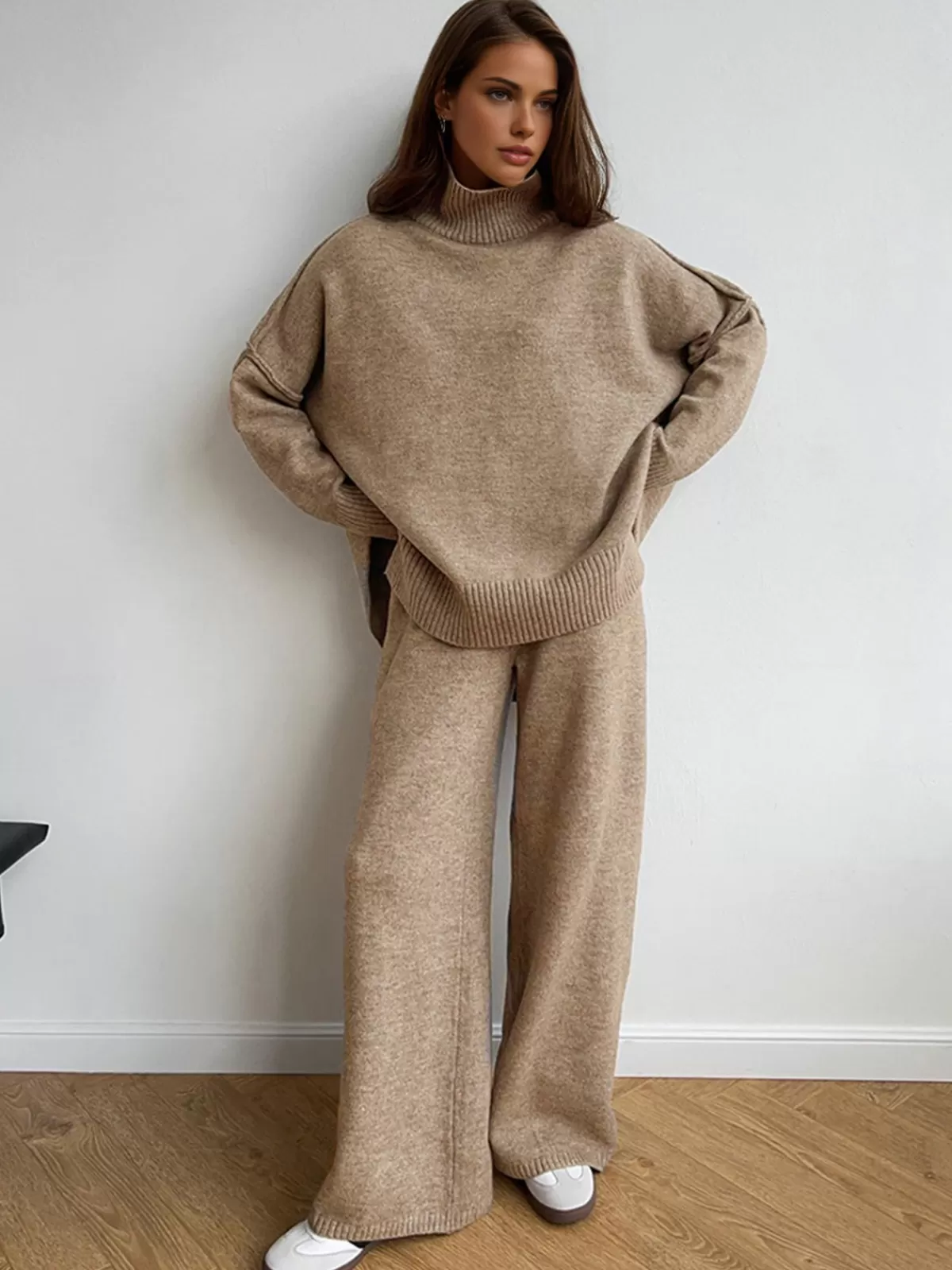 COMMENSE Plain Turtleneck Knit Pants Set Camel Best