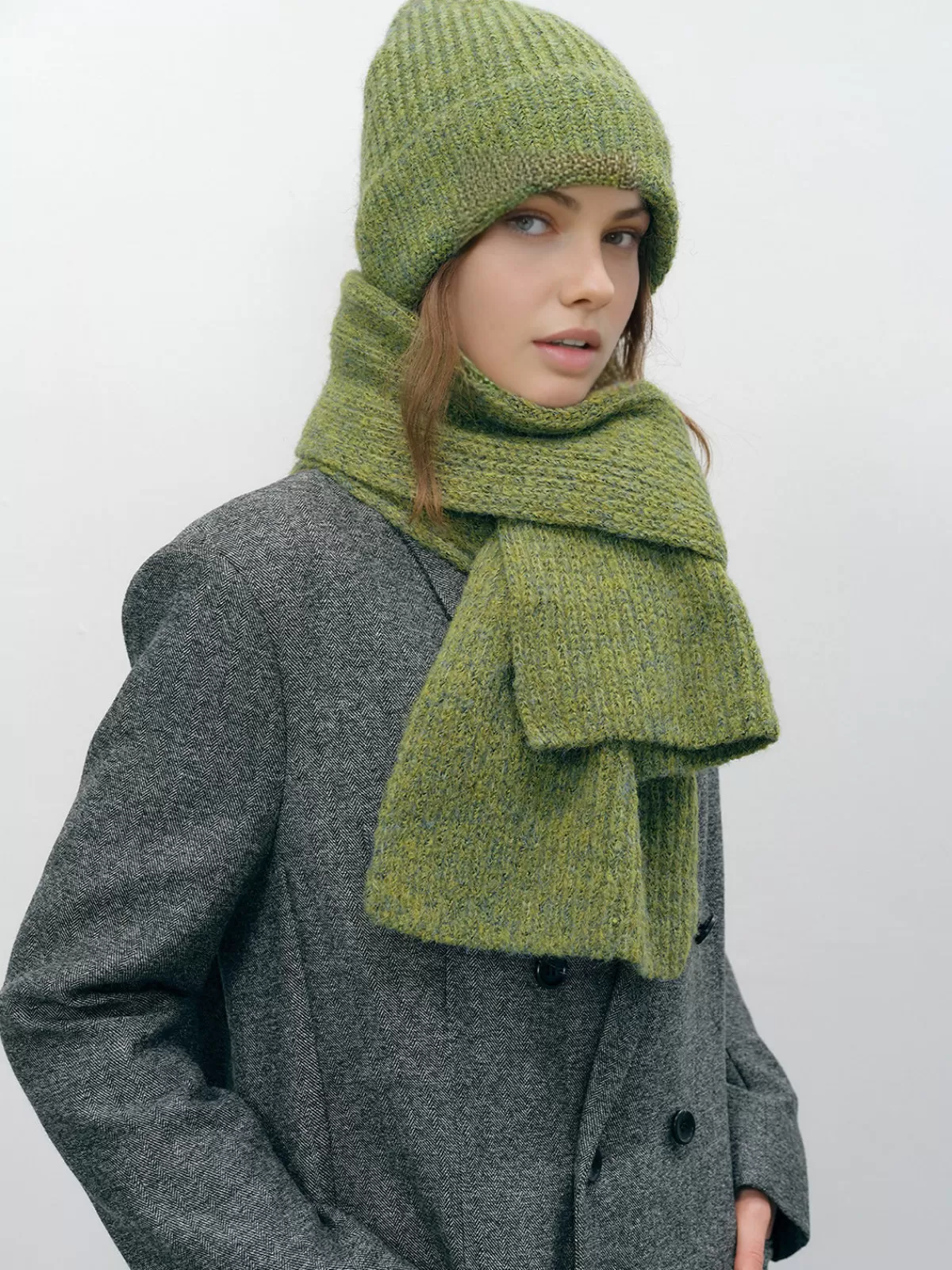 COMMENSE Plain Warm Knit Hat With Scarf Green Flash Sale