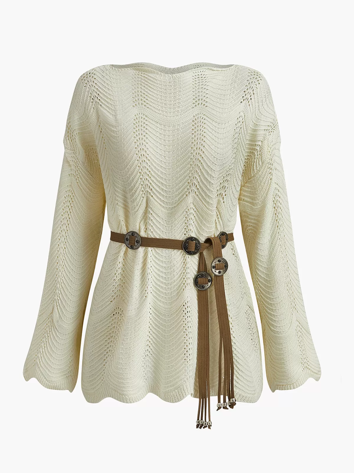 COMMENSE Plain Wave Trim Belted Sweater Off-White Outlet