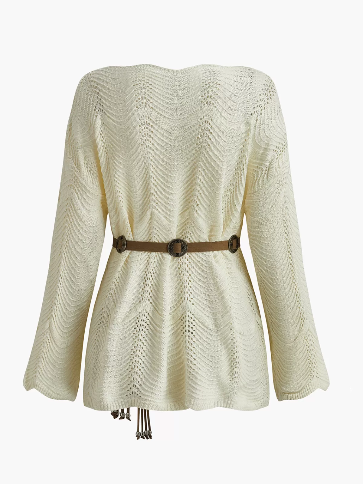 COMMENSE Plain Wave Trim Belted Sweater Off-White Outlet