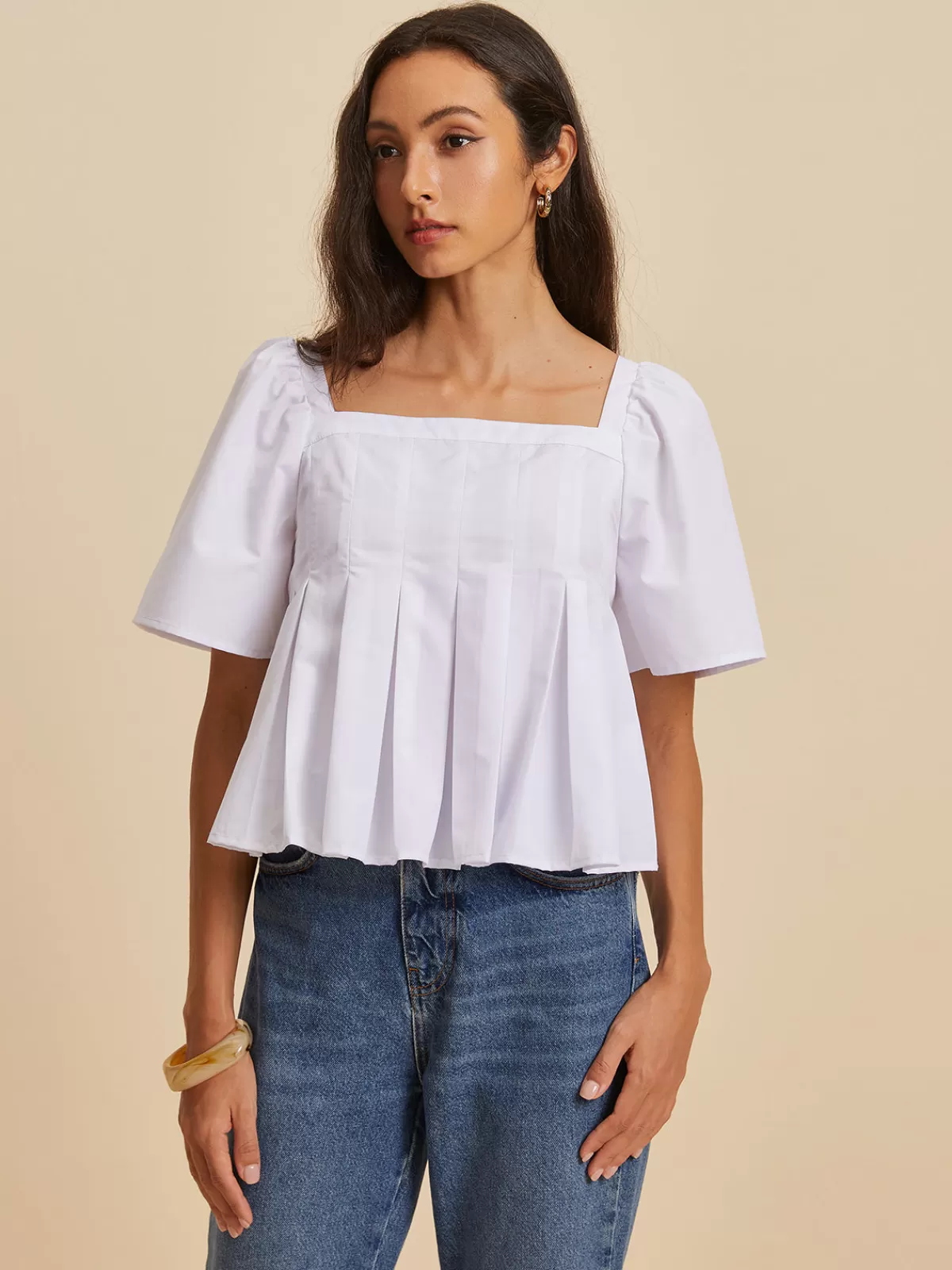COMMENSE Pleated Crew Neck Blouse White Discount