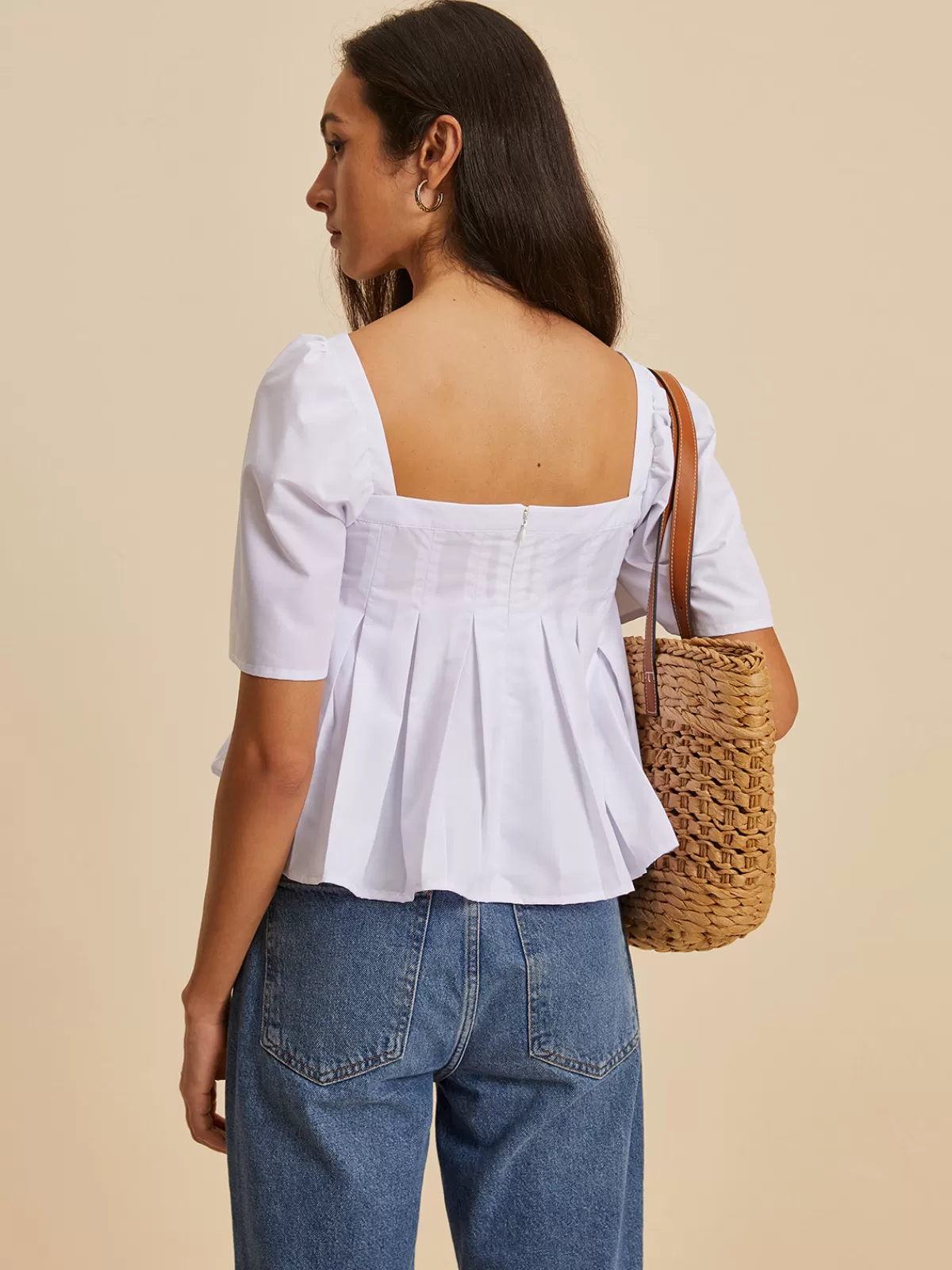 COMMENSE Pleated Crew Neck Blouse White Discount