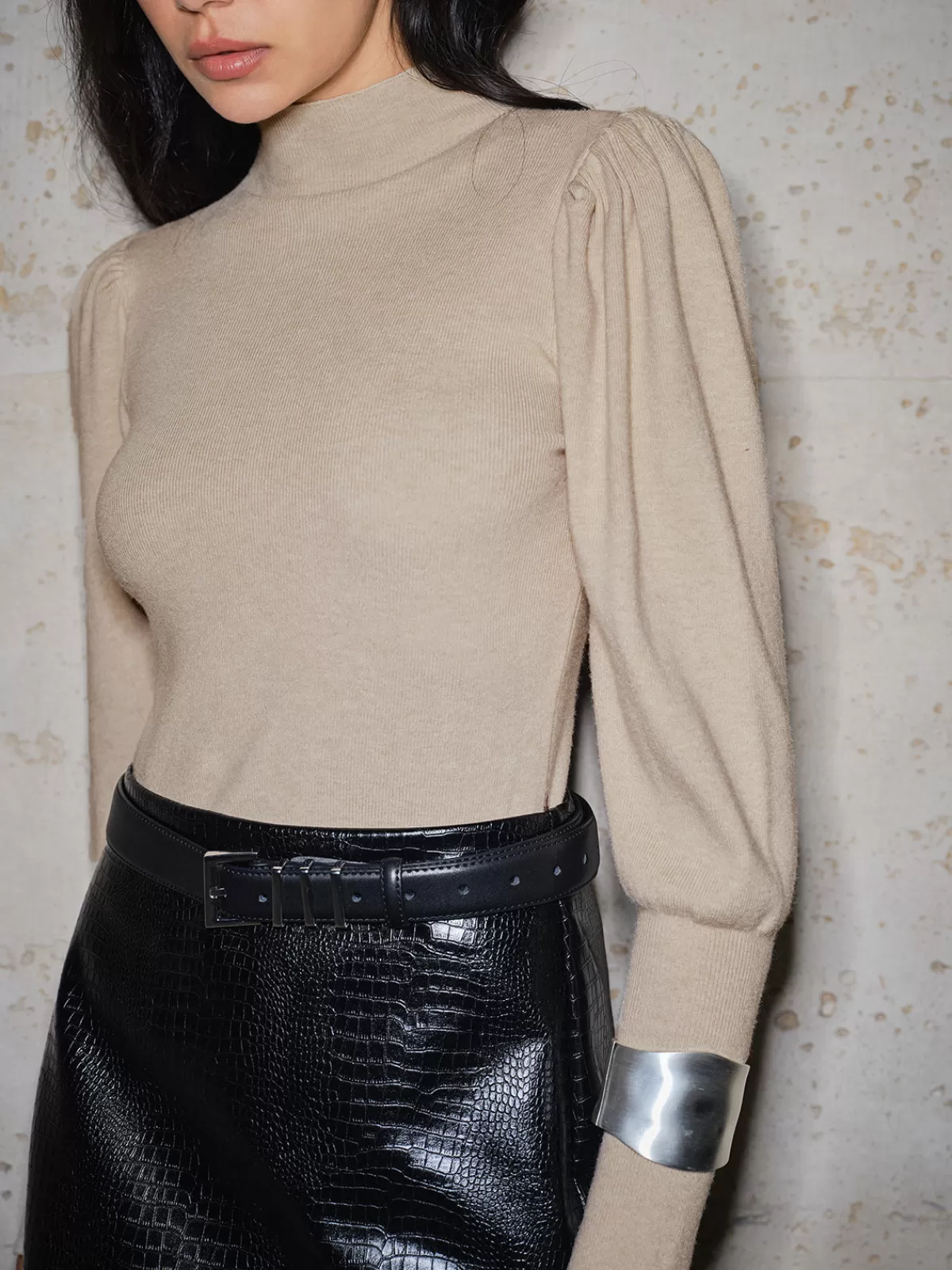 COMMENSE Pleated Lantern Sleeve Slim Sweater Camel New