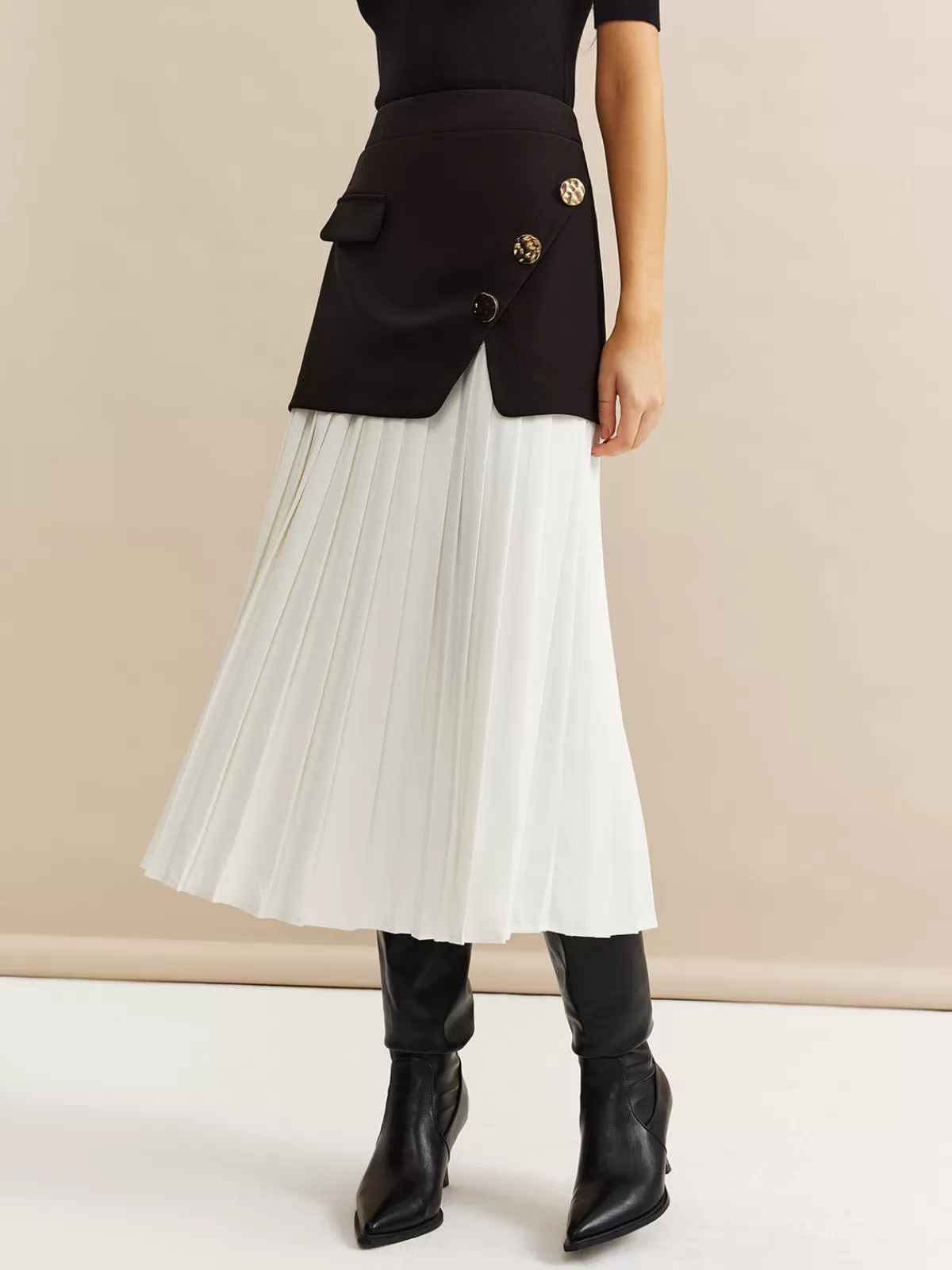 COMMENSE Pleated Panel Midi Skirt BlackandWhite Hot