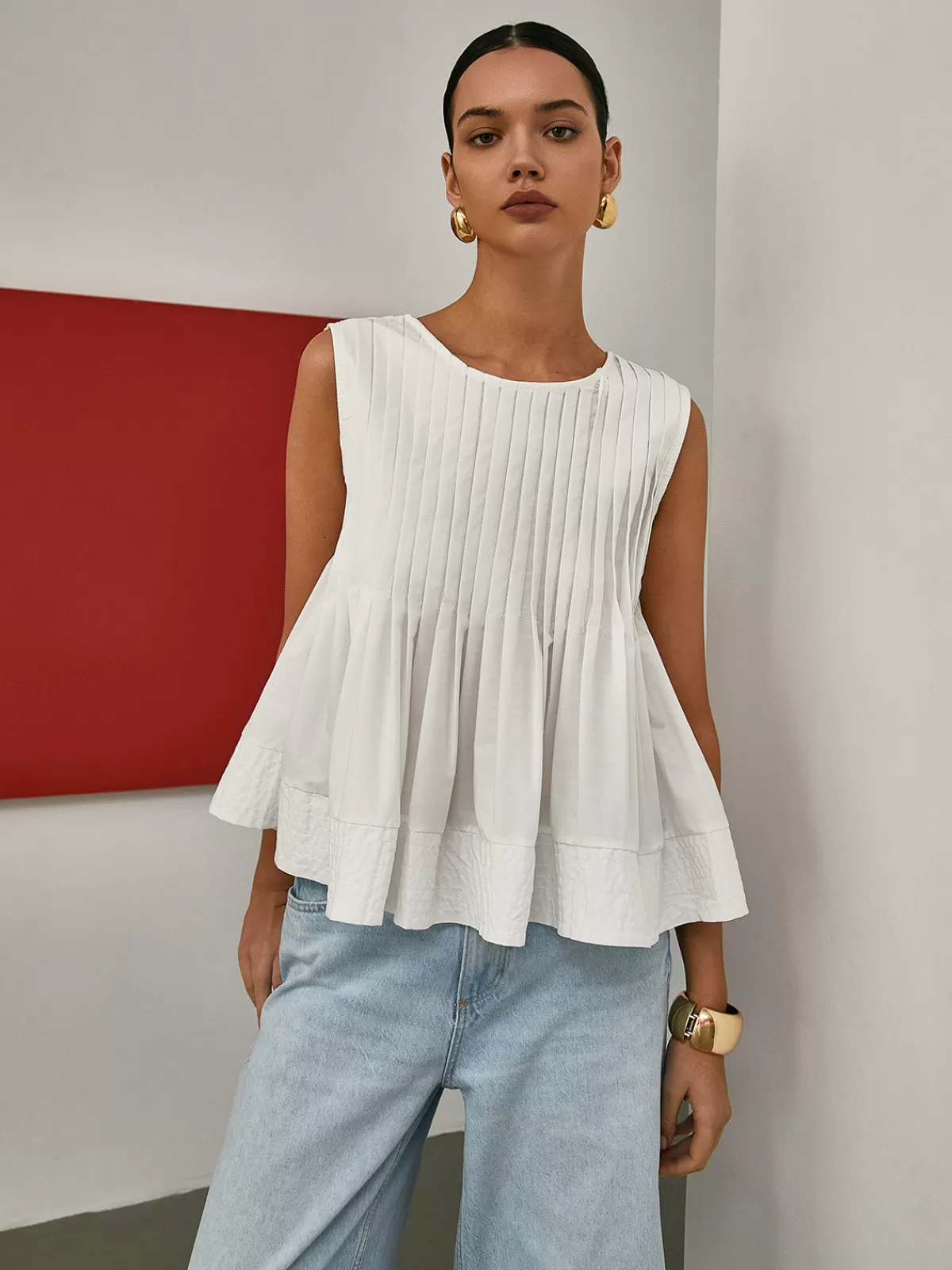 COMMENSE Pleated Peplum Sleeveless Blouse White Clearance