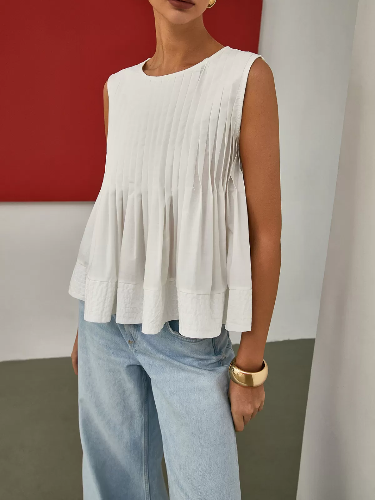 COMMENSE Pleated Peplum Sleeveless Blouse White Clearance
