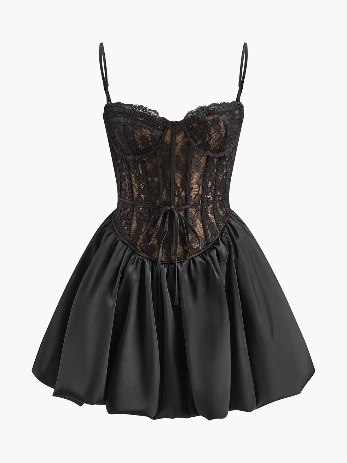 COMMENSE Pleated Satin-Hem Lace Cami Dress Black Clearance