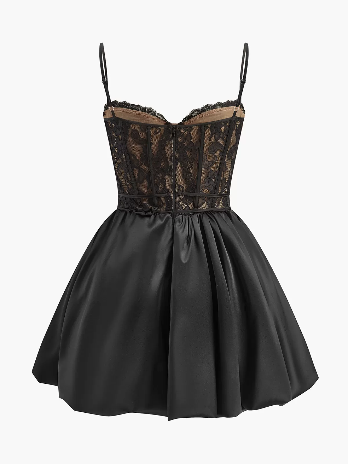 COMMENSE Pleated Satin-Hem Lace Cami Dress Black Clearance