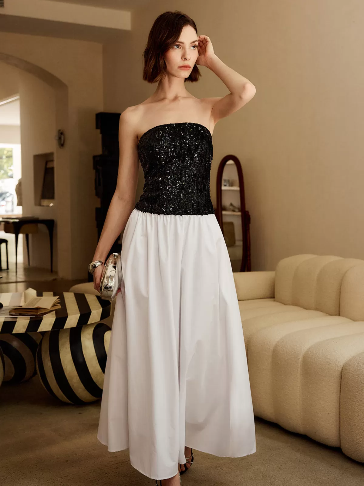 COMMENSE Pleated Sequins Tube Long Dress BlackandWhite Outlet