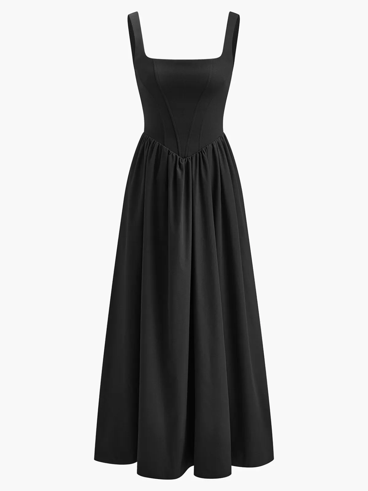 COMMENSE Pleated Zipper Strappy Long Dress Black Fashion
