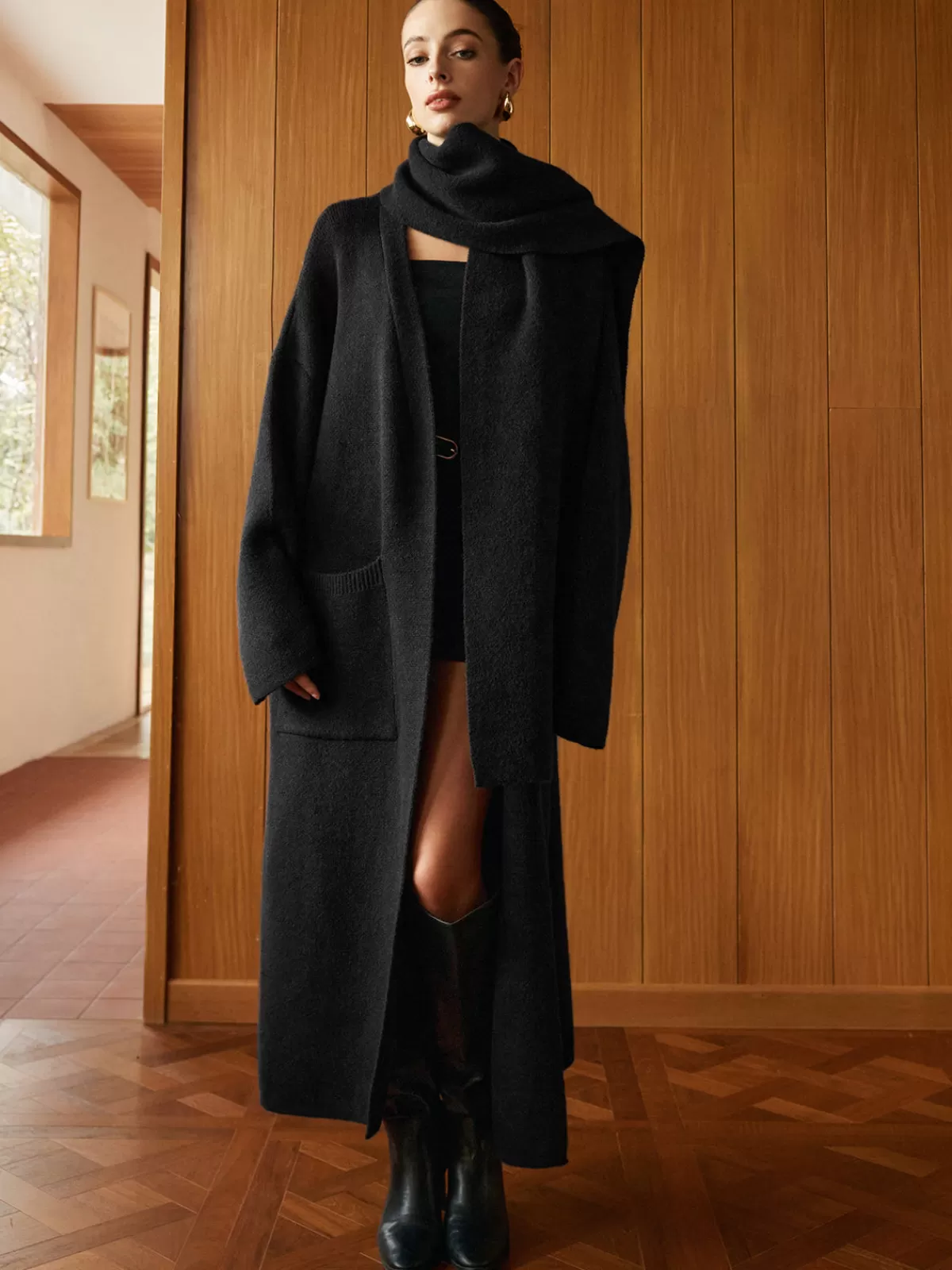 COMMENSE Pockets Long Knit Outerwear With Scarf Black Online