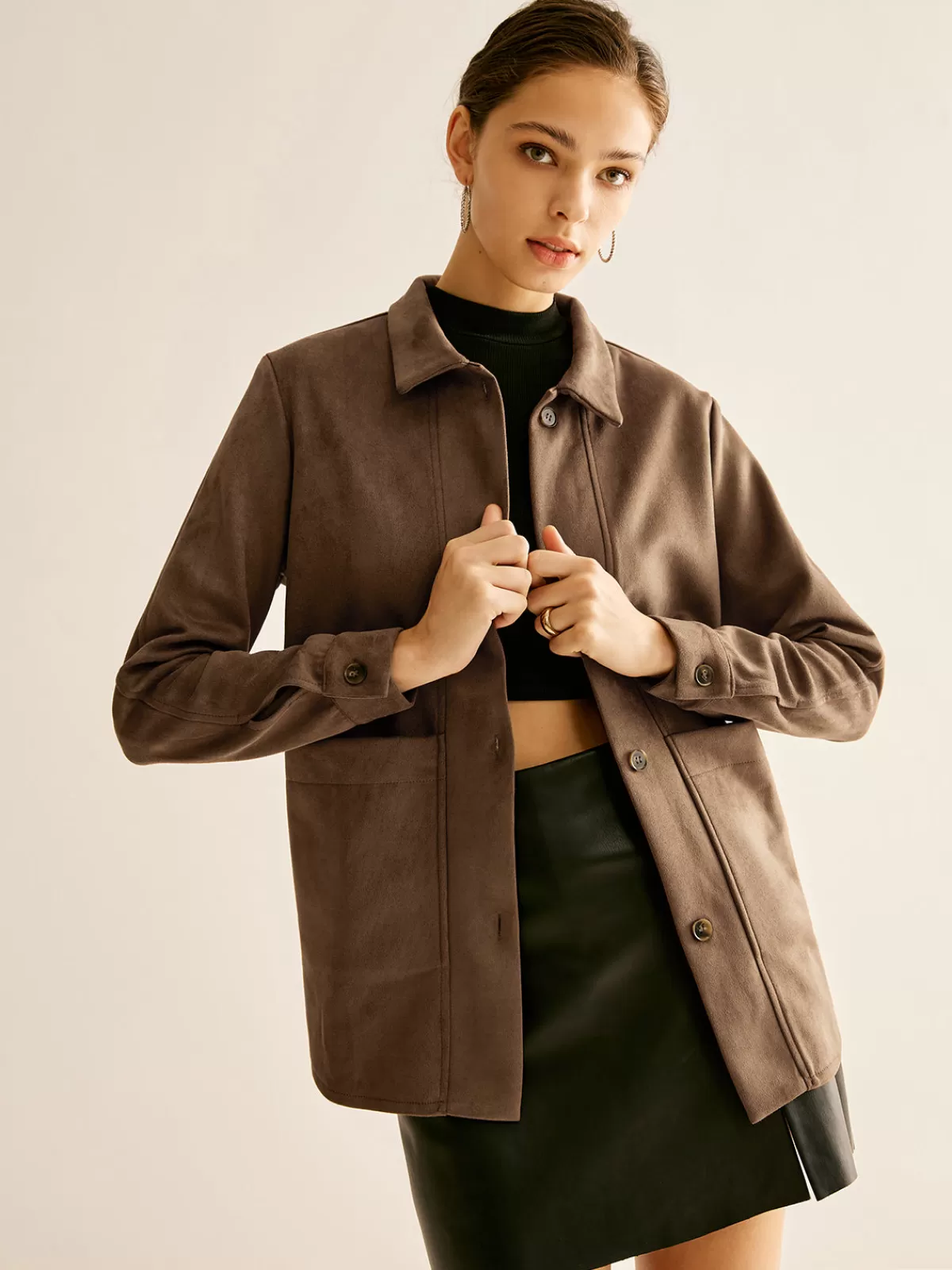 COMMENSE Pockets Suede Polo Shirt Brown Hot