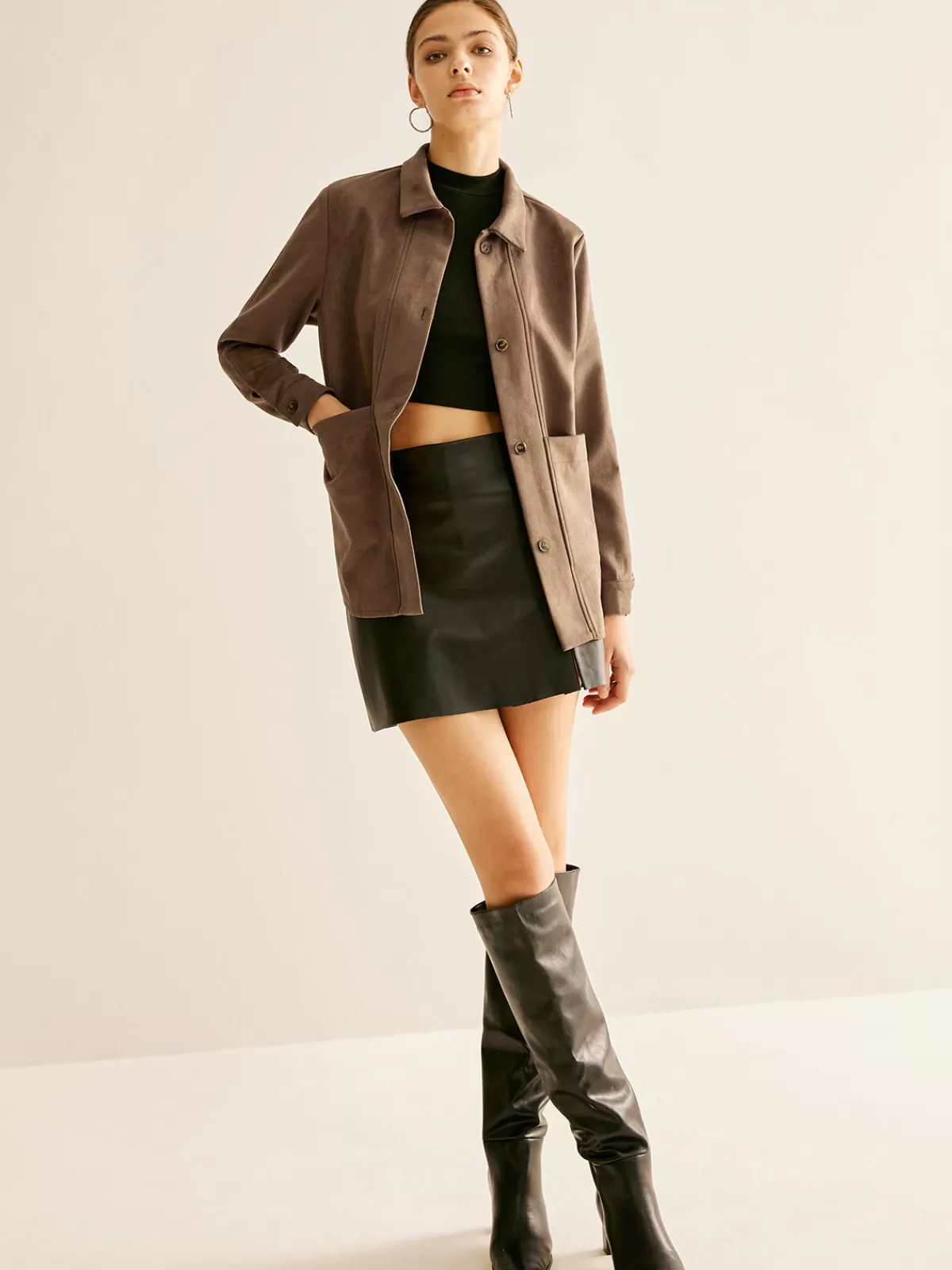 COMMENSE Pockets Suede Polo Shirt Brown Hot