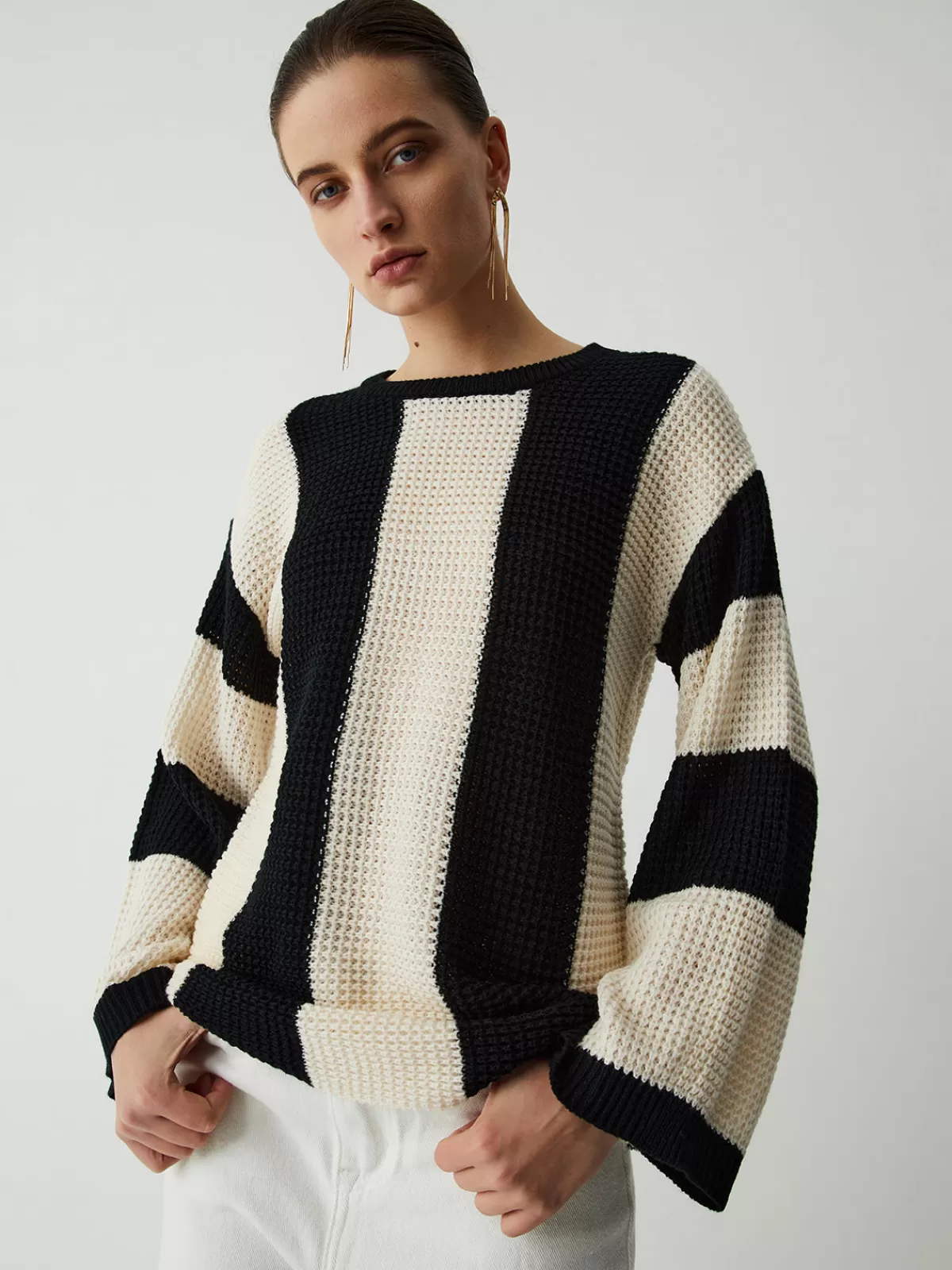 COMMENSE Pointelle Stripe Sweater Apricot Outlet
