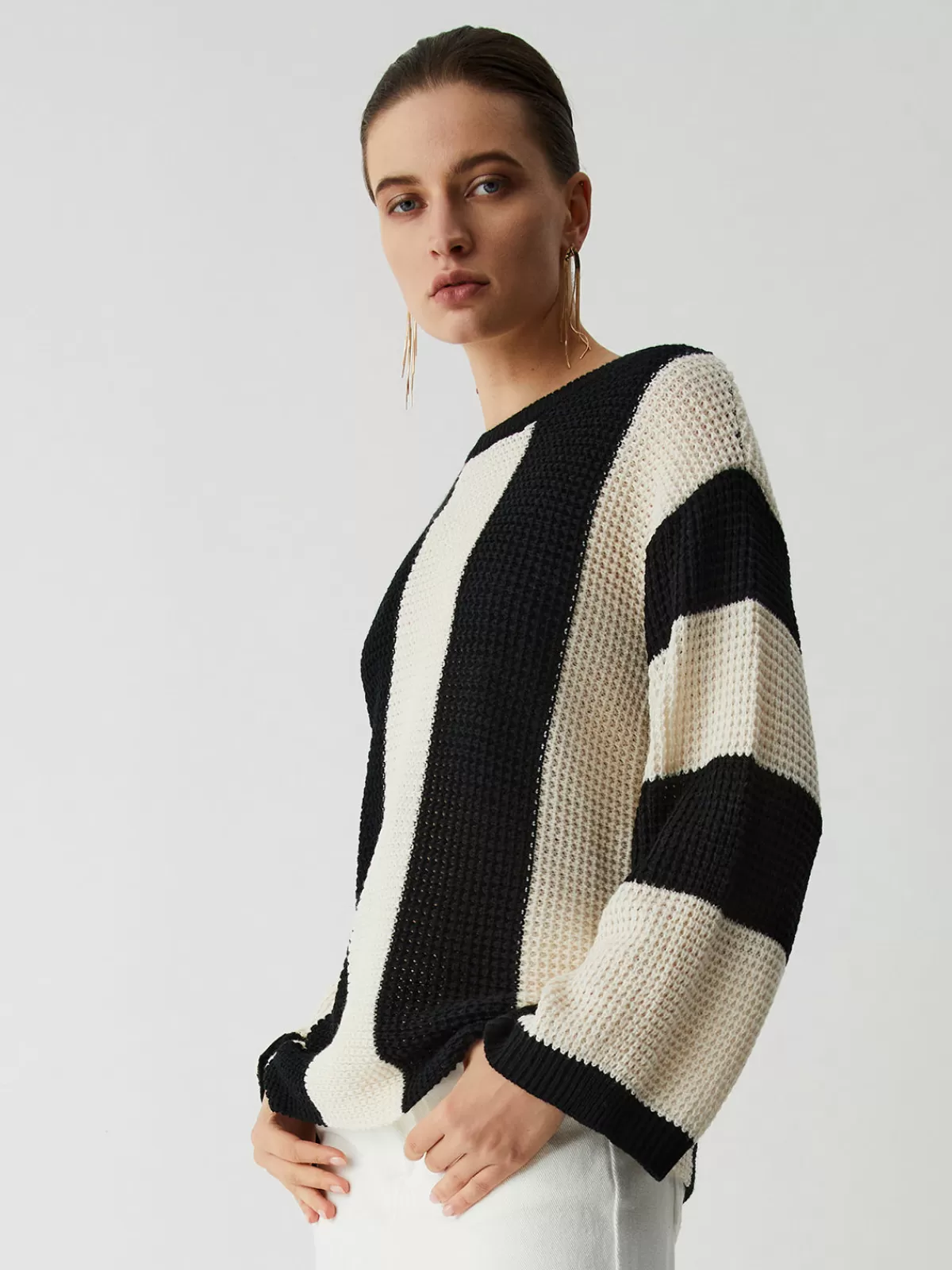 COMMENSE Pointelle Stripe Sweater Apricot Outlet