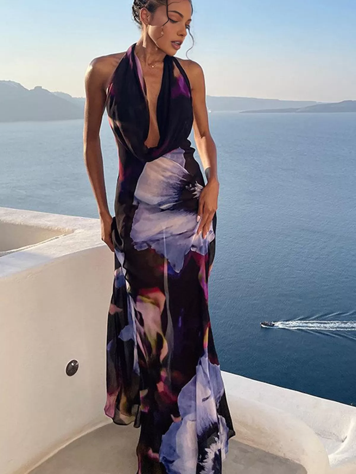 COMMENSE Print Backless Halter Dress Black Flash Sale