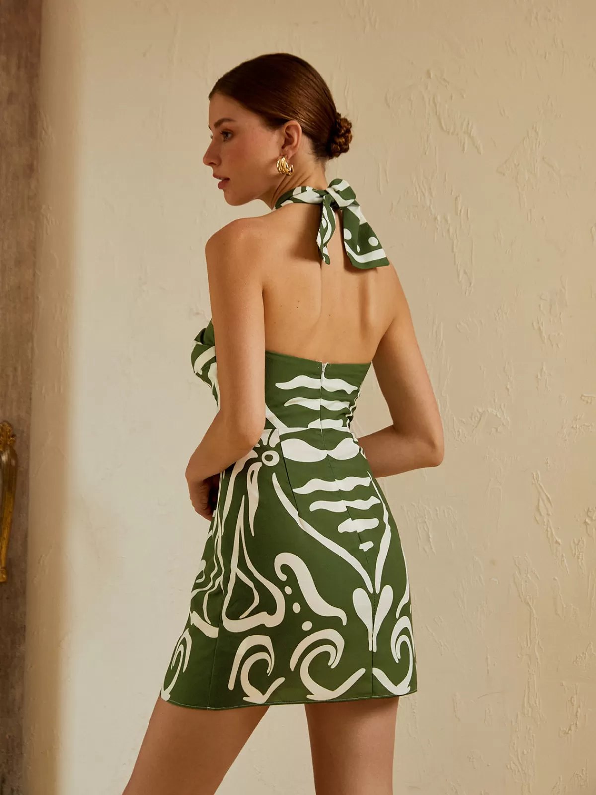 COMMENSE Print Cut Out Halter Dress Green Clearance