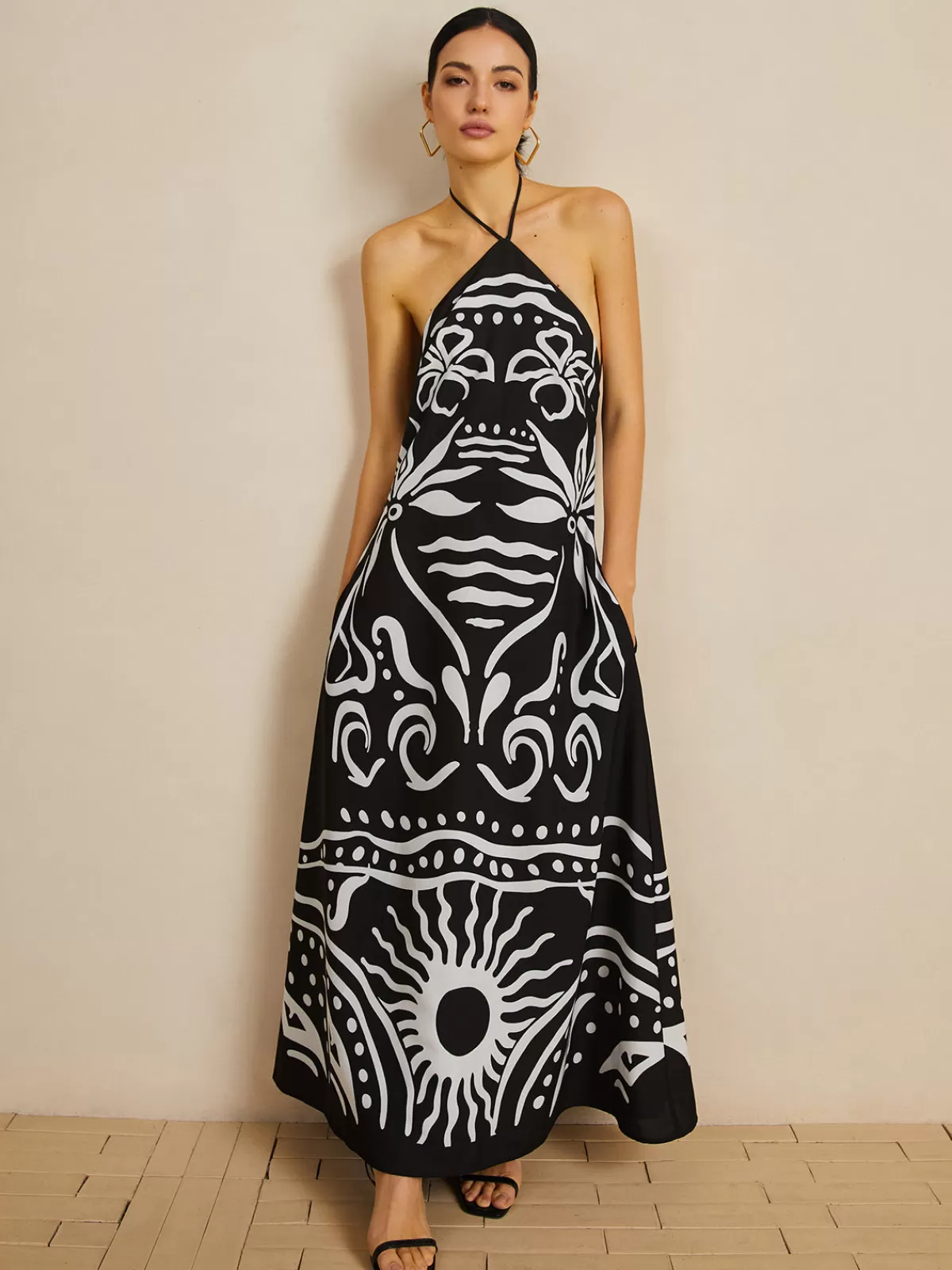 COMMENSE Print Halter Backless Long Dress Black Store