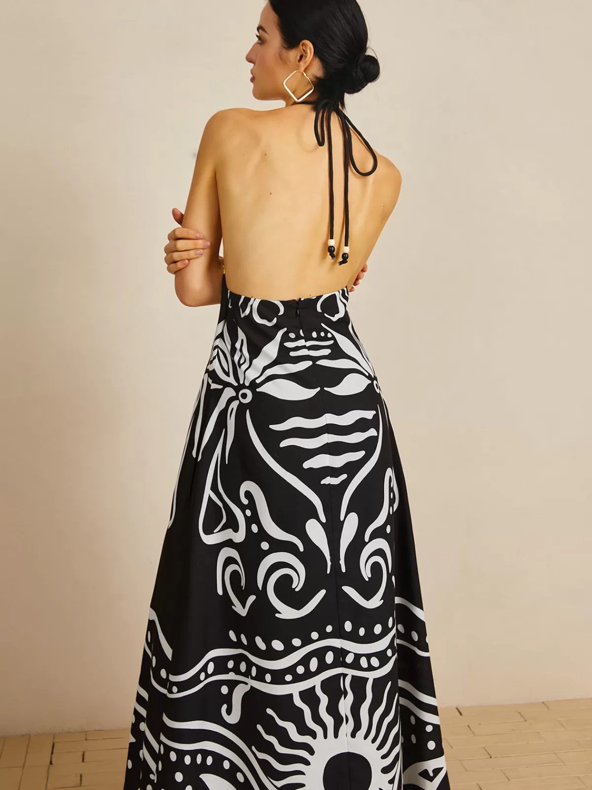 COMMENSE Print Halter Backless Long Dress Black Store