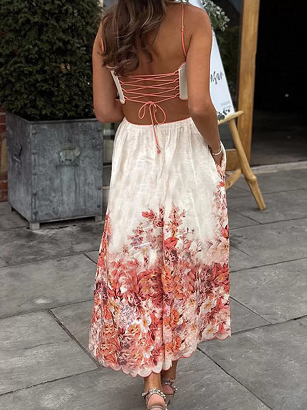 COMMENSE Printed Backless Spaghetti Strap Dress Red Sale
