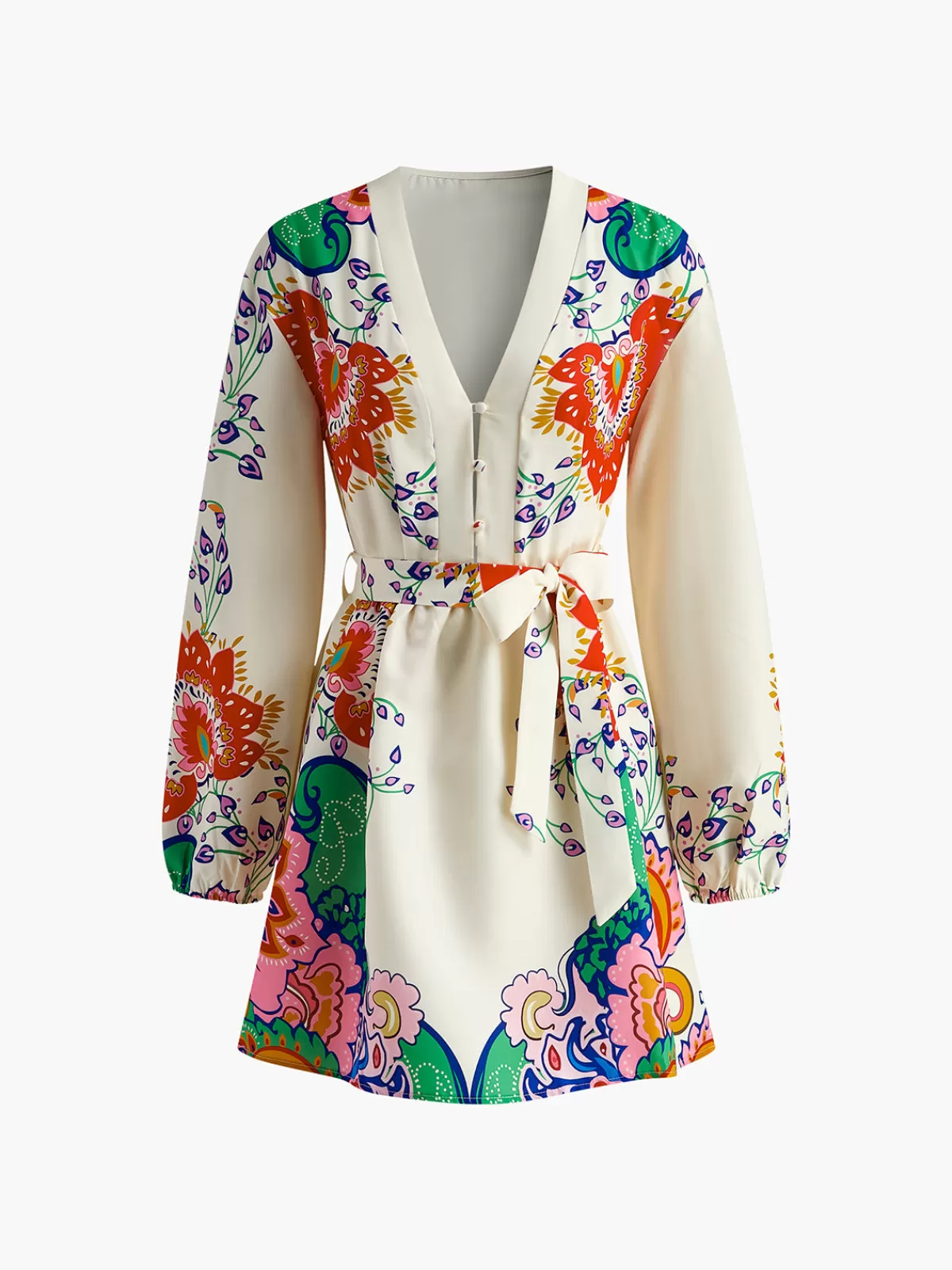 COMMENSE Printed V-Neck Lantern Sleeves Short Dress White Hot