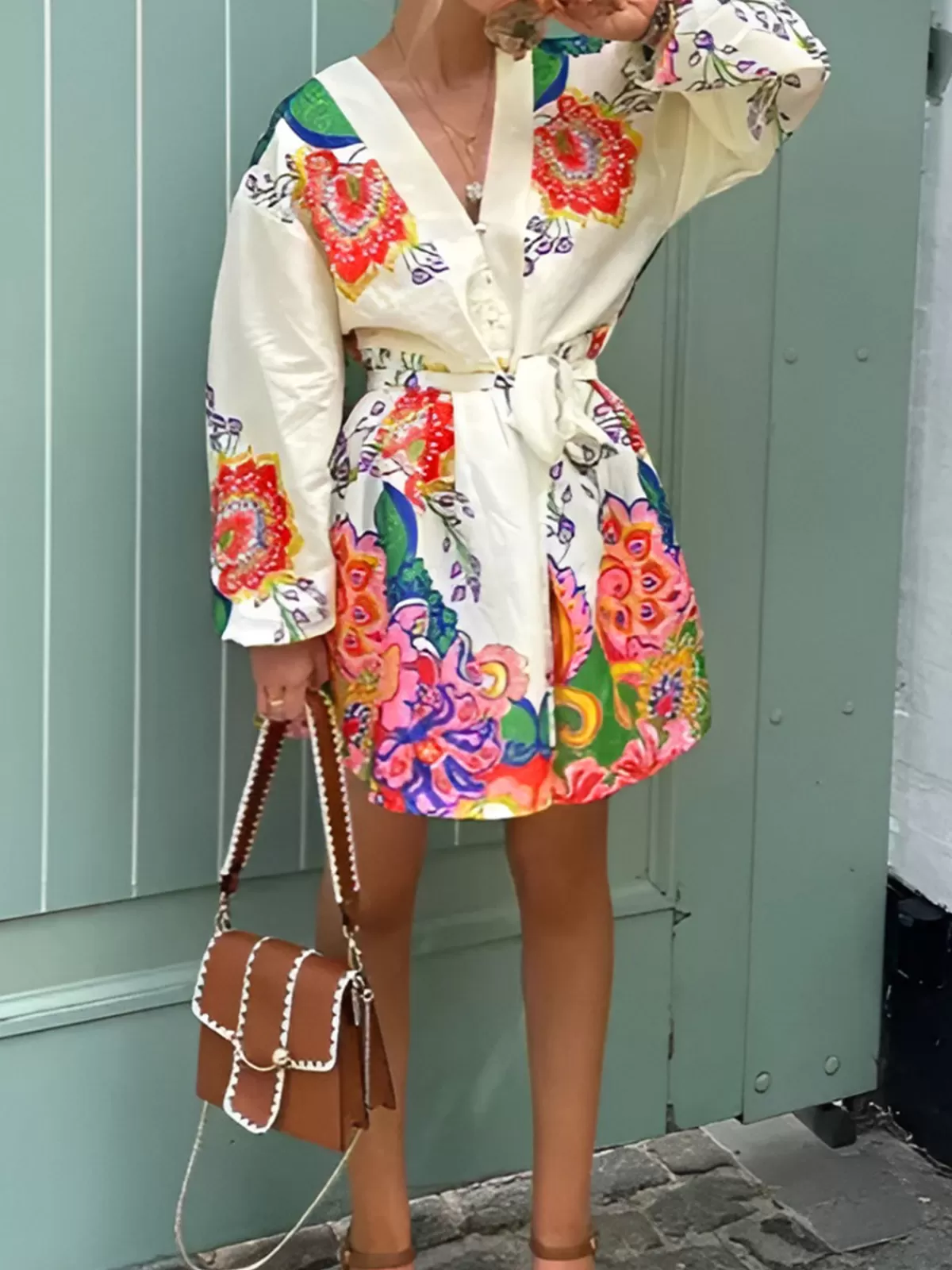 COMMENSE Printed V-Neck Lantern Sleeves Short Dress White Hot
