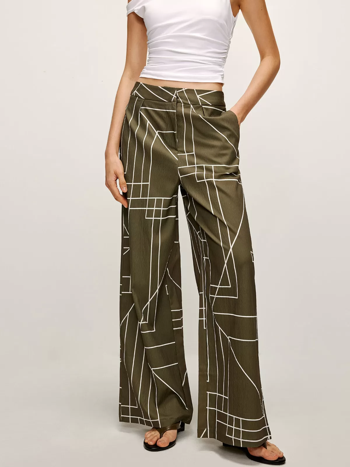 COMMENSE Printed Wide-Leg Pants Green New