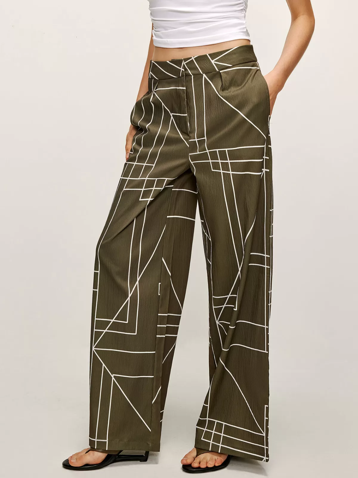 COMMENSE Printed Wide-Leg Pants Green New