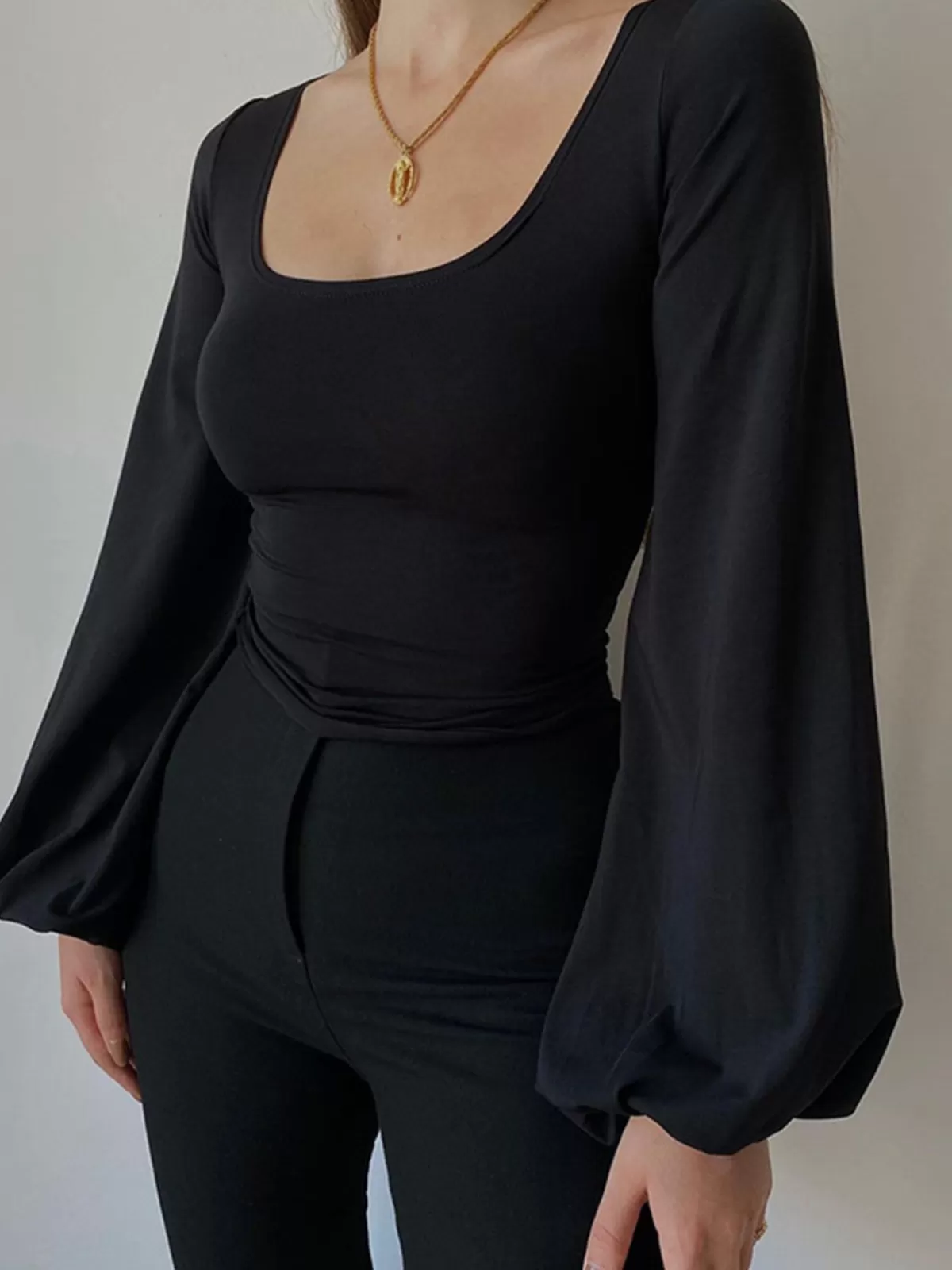 COMMENSE Puff Sleeve Square Neck Blouse Black Flash Sale