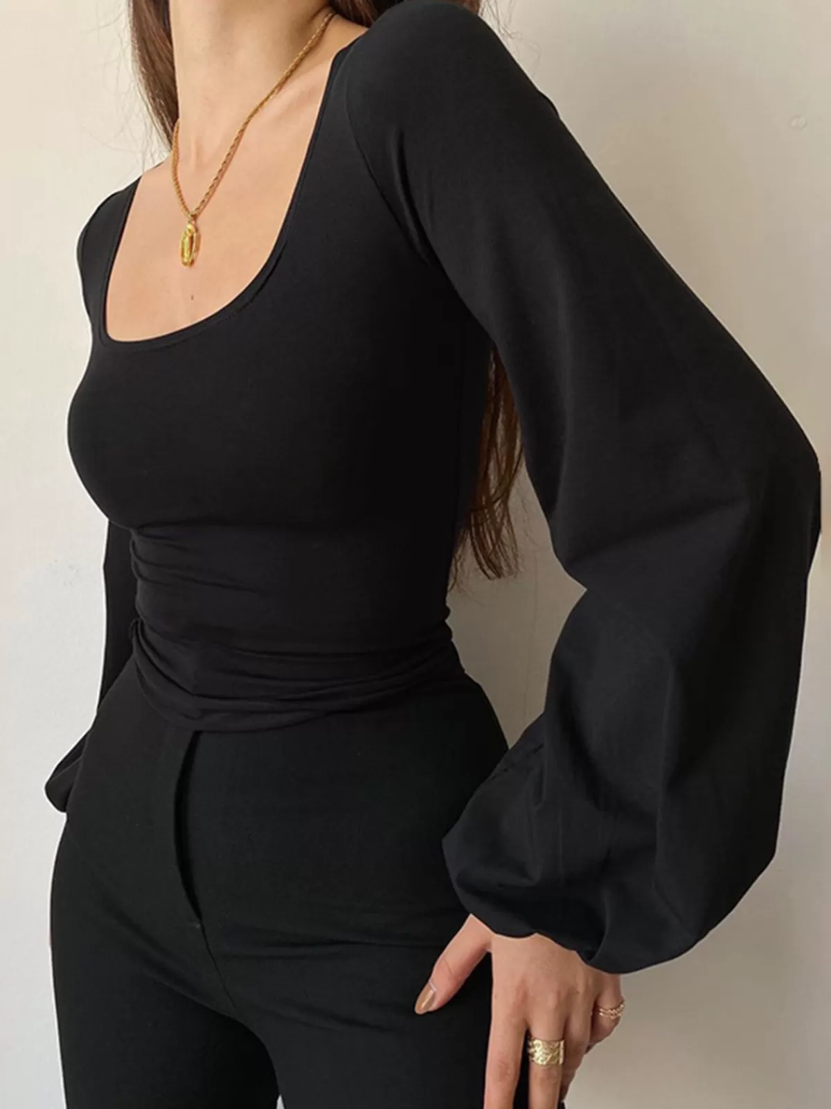 COMMENSE Puff Sleeve Square Neck Blouse Black Flash Sale