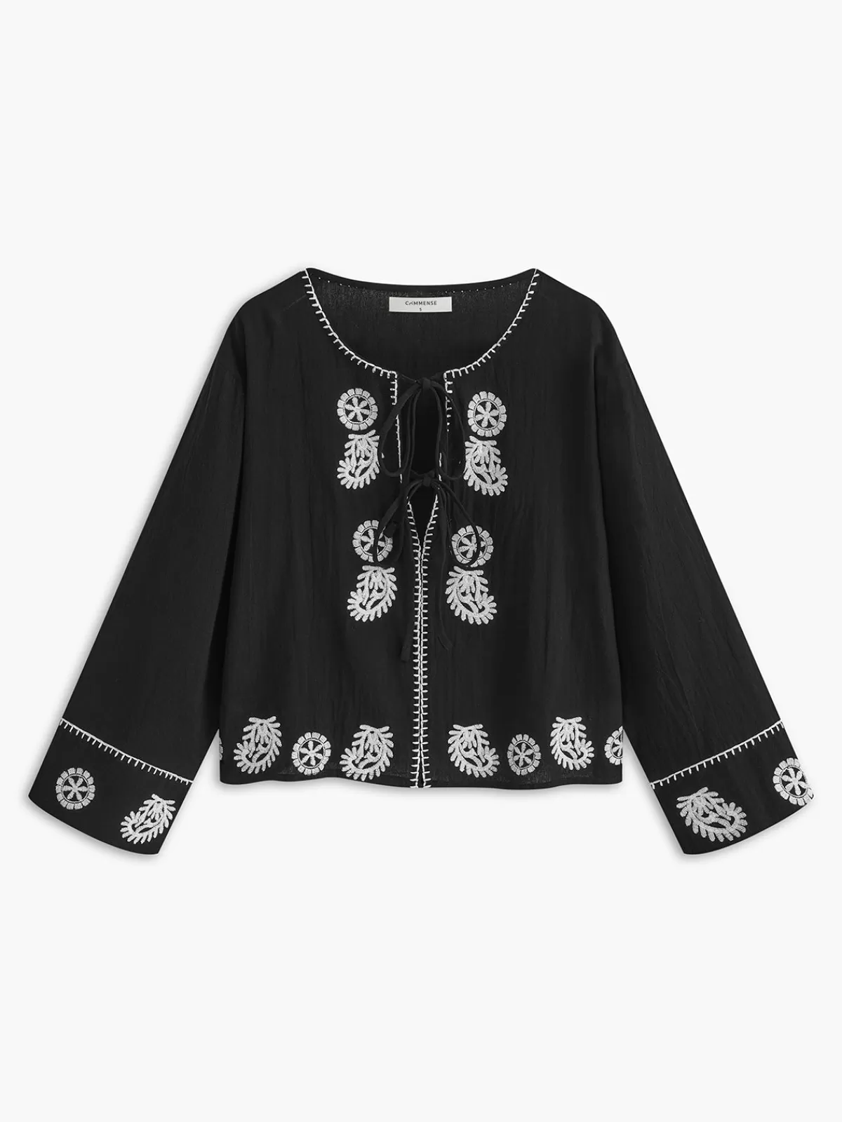 COMMENSE Pure Cotton Embroidery Tie Front Shirt Black Fashion