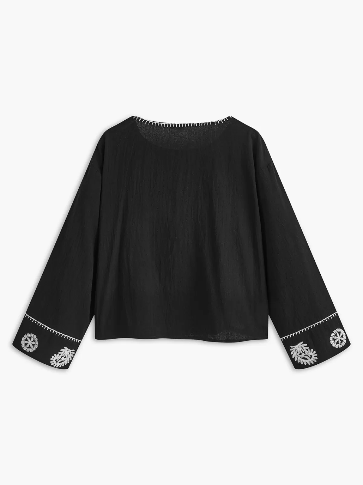 COMMENSE Pure Cotton Embroidery Tie Front Shirt Black Fashion