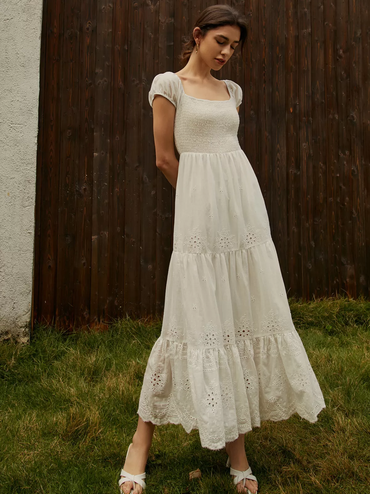 COMMENSE Pure Cotton Ruched Long Dress White Shop
