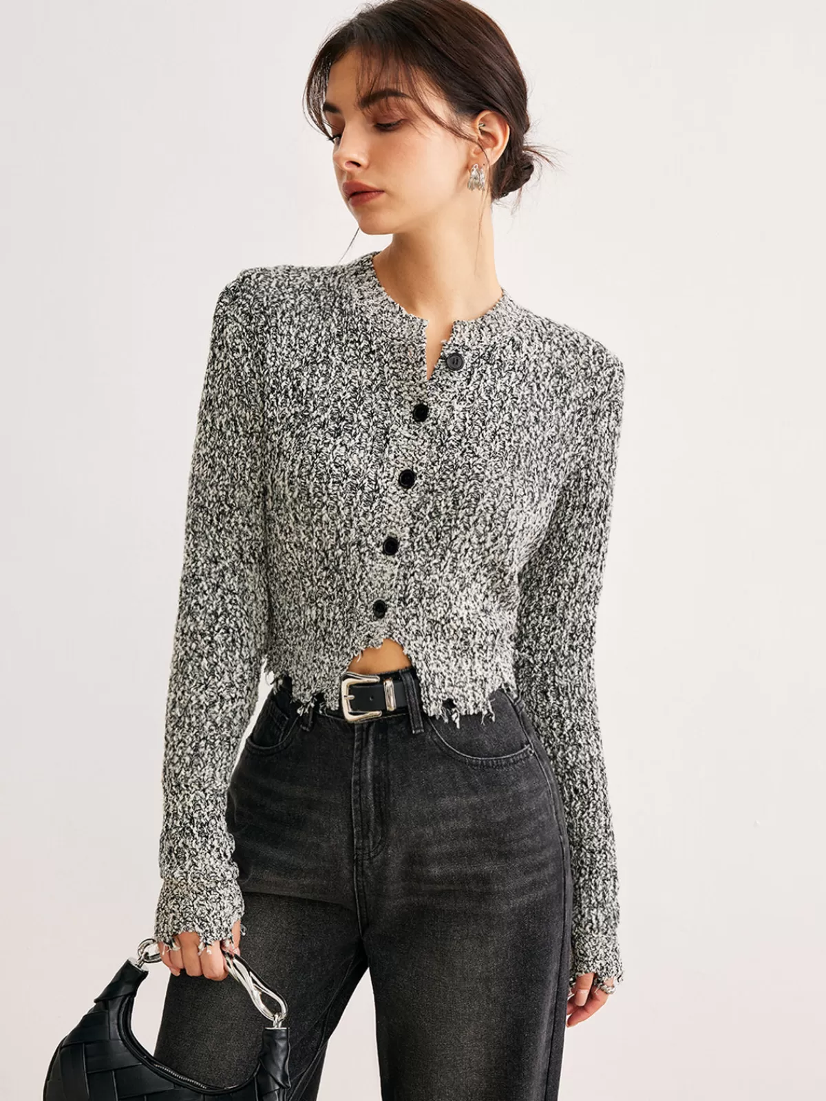 COMMENSE Raw Hem Button Slim Knit Top LightGrey Best Sale