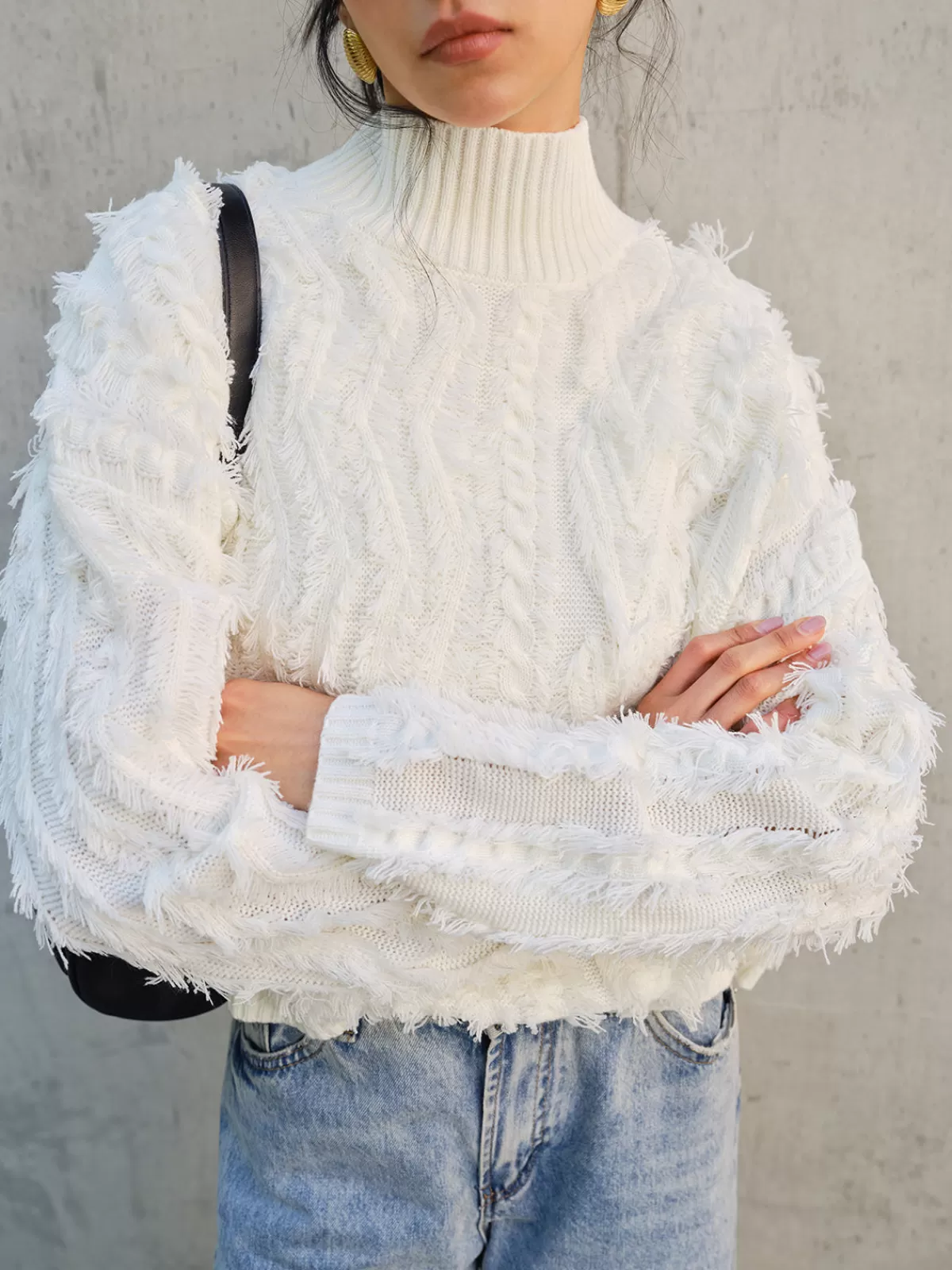 COMMENSE Raw Hem Turtleneck Sweater White Online