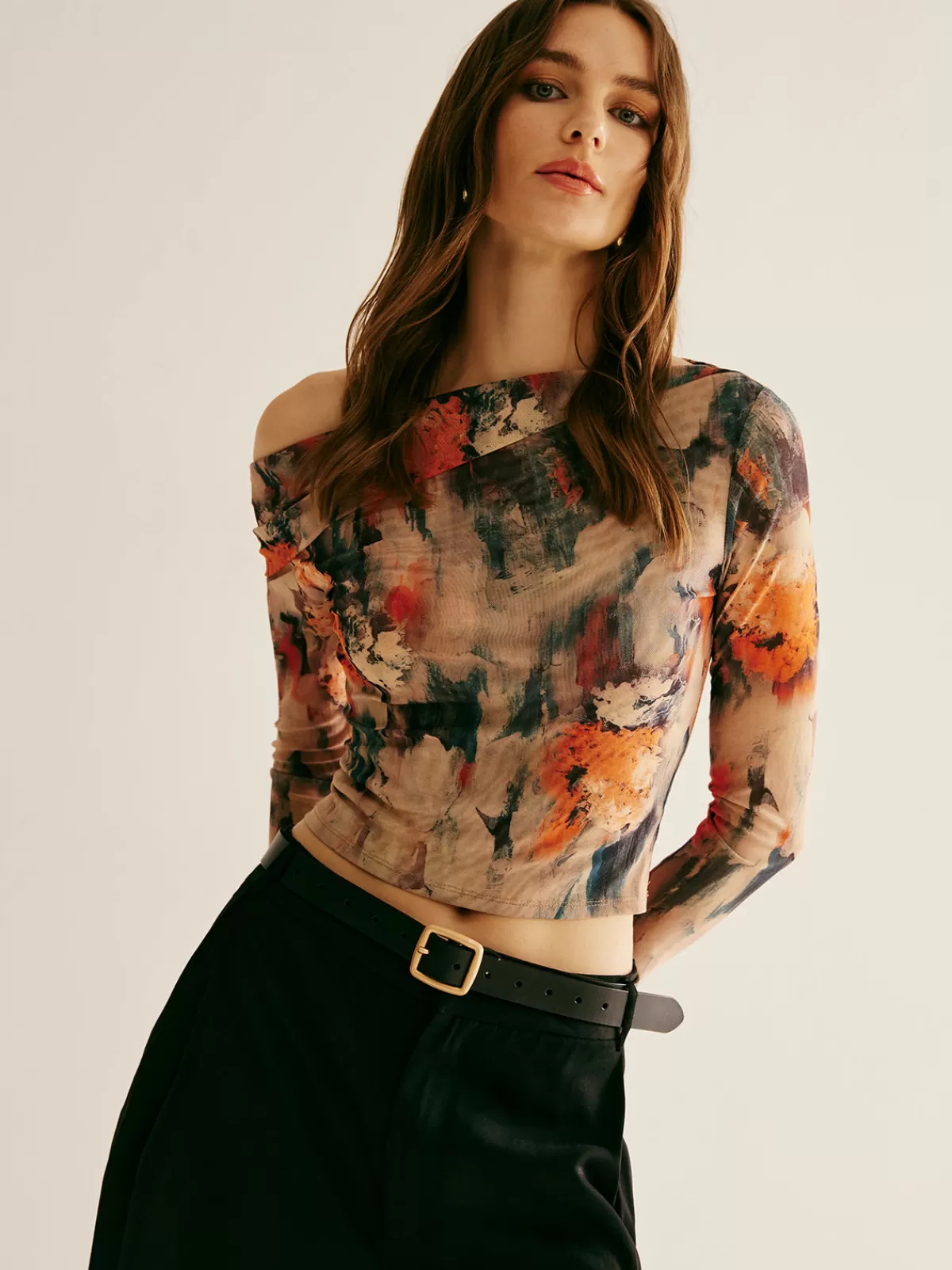 COMMENSE Retro Asymmetrical Collar Crop Blouse Multicolor Sale