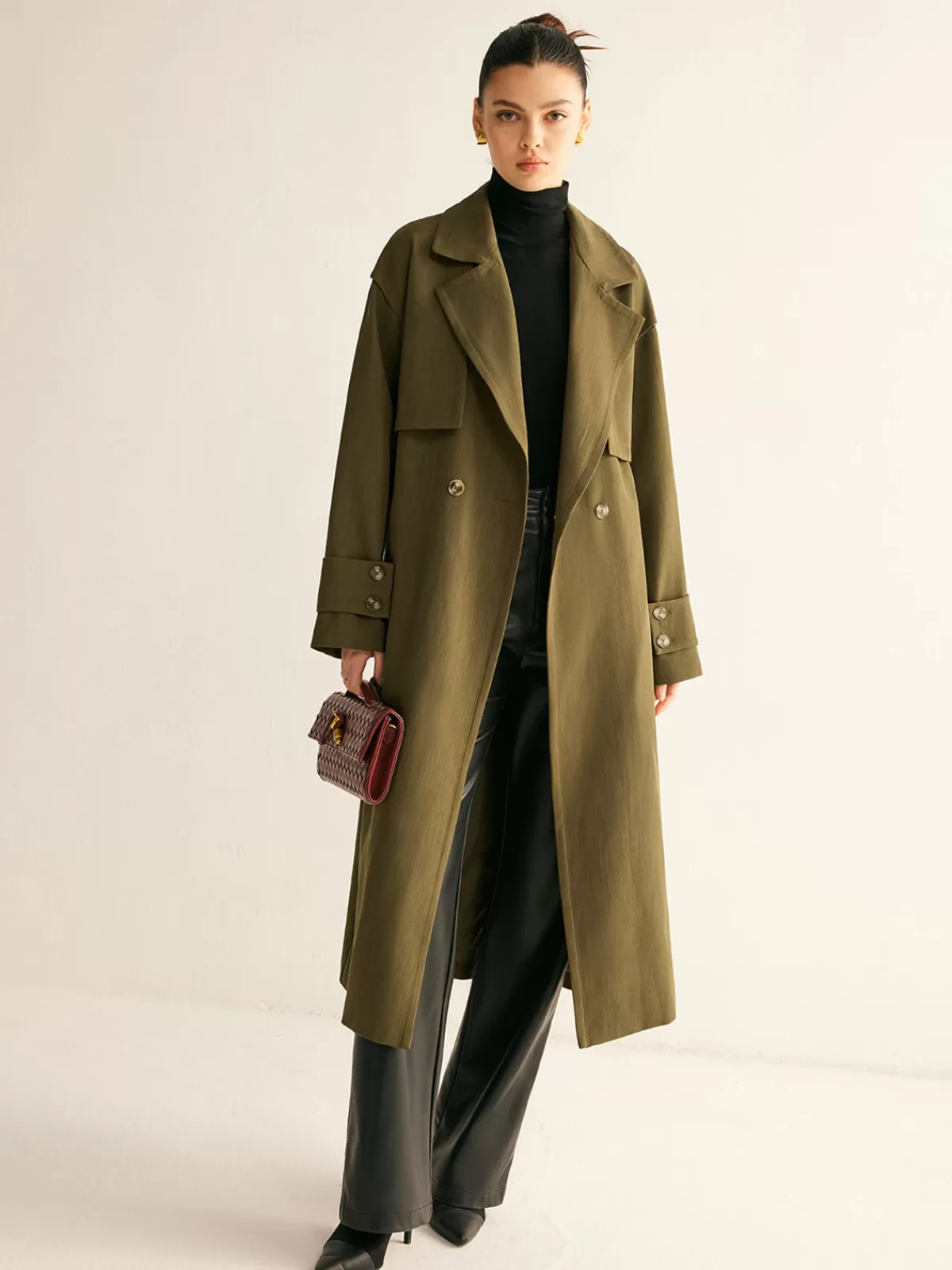 COMMENSE Retro Belted Long Trench Coat Green Best Sale